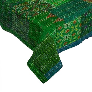 Handmade Quilts Silk Blankets Indian Kantha Quilt Throw bedspreads Reversible Bohemian Quilt Bedding Set Soft Quilts for All Season Green, Queen