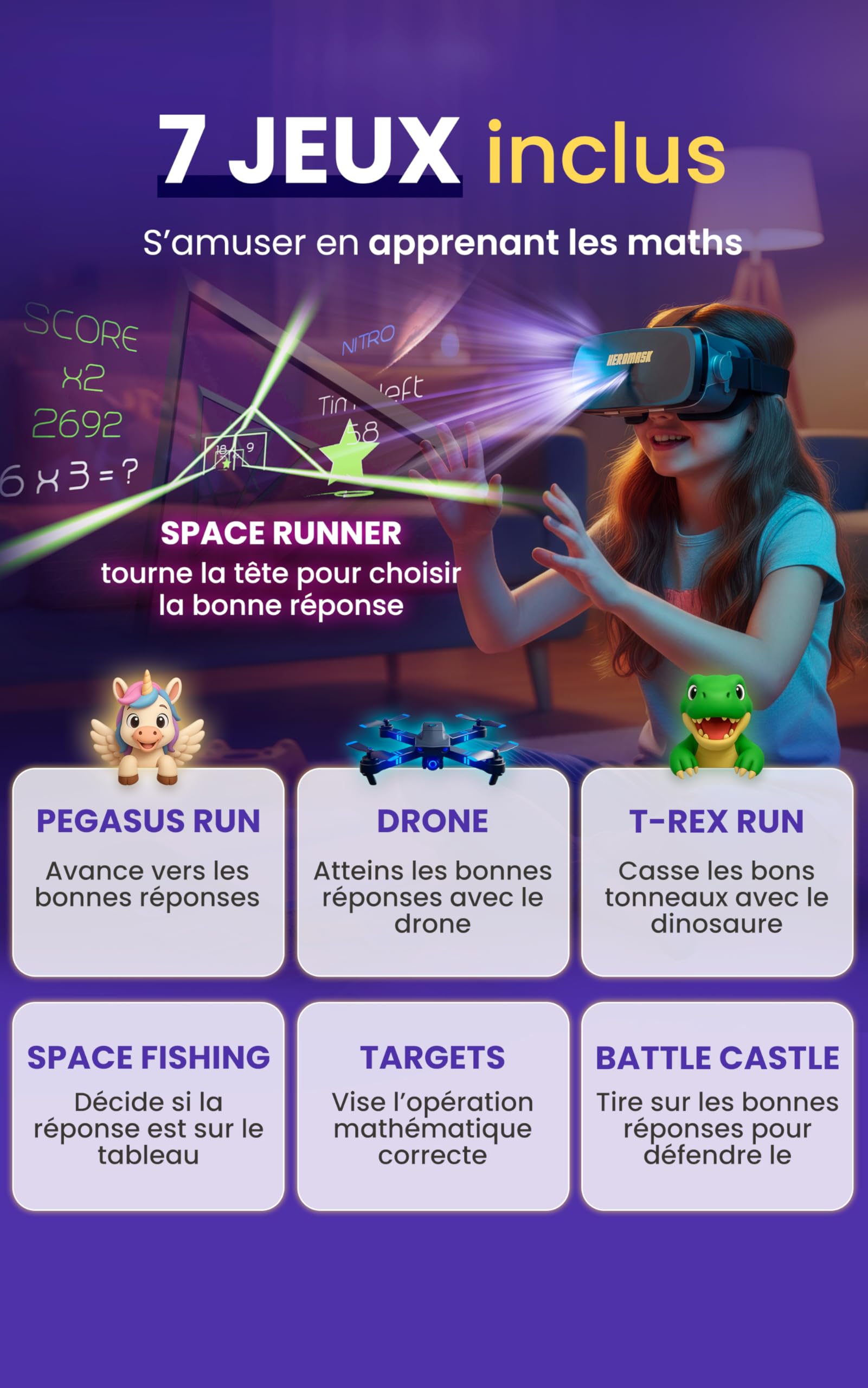 HeroMask Casque VR Réalité Virtuelle Enfant 5-12 Ans Jeux Maths Tables Multiplication Addition Calcul Mental