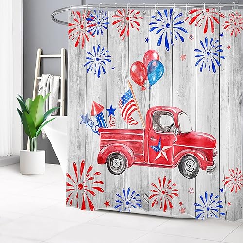 EOBTAIN Cortina de ducha patriótica del 4 de julio para baño, bandera estadounidense y camión rojo sobre tablero de madera, cortina de ducha de tela