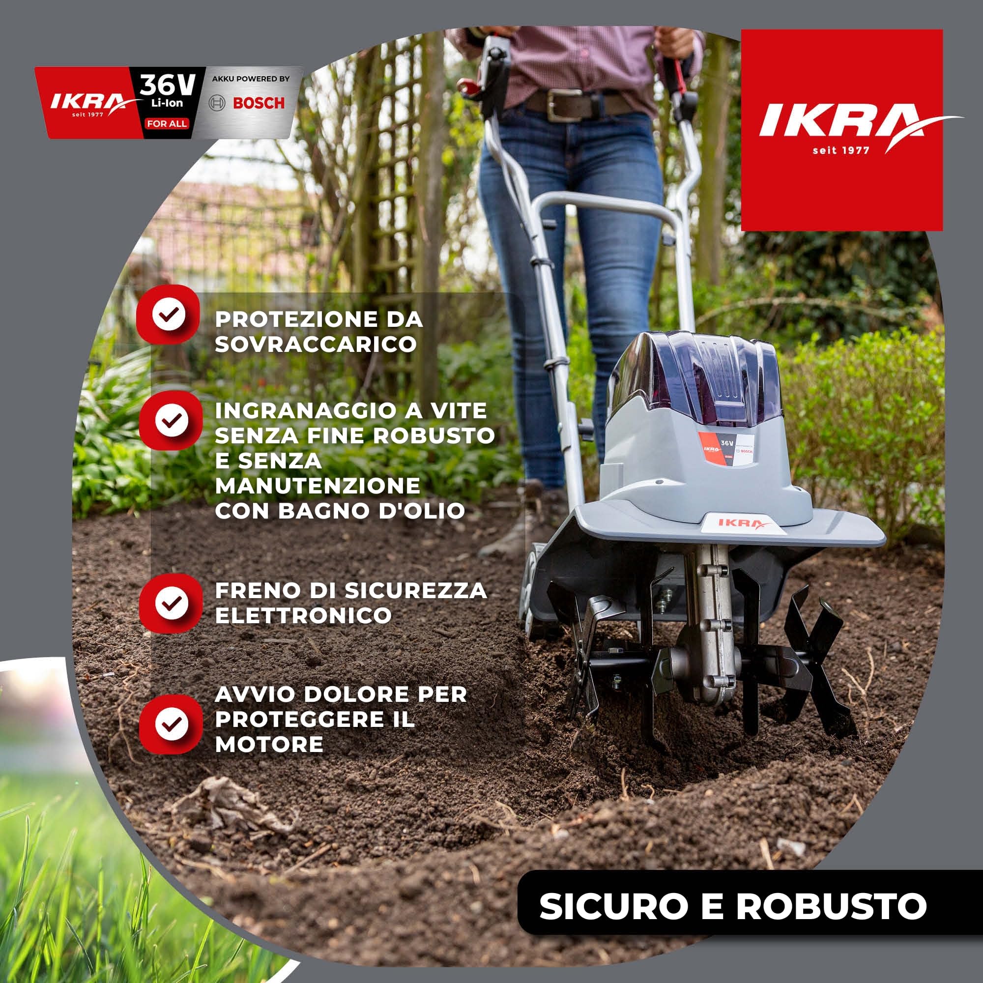 IKRA motozappa IB-TC 36, senza batteria da 36 V e caricabatterie