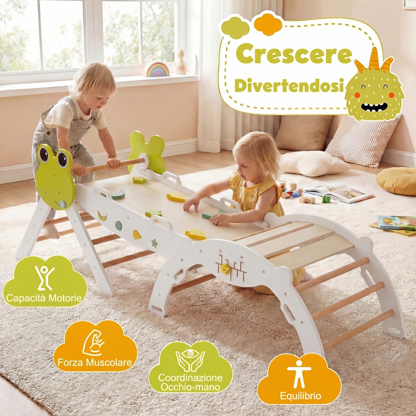 RELAX4LIFE Set da Arrampicata per Bambini, Triangolo di Arrampicata con Scivolo e Arco, Gioco di Incastri in Legno, Gioco Montessori per Bambini 1+ Anni (Rana-3 Pezzi | Bianco)