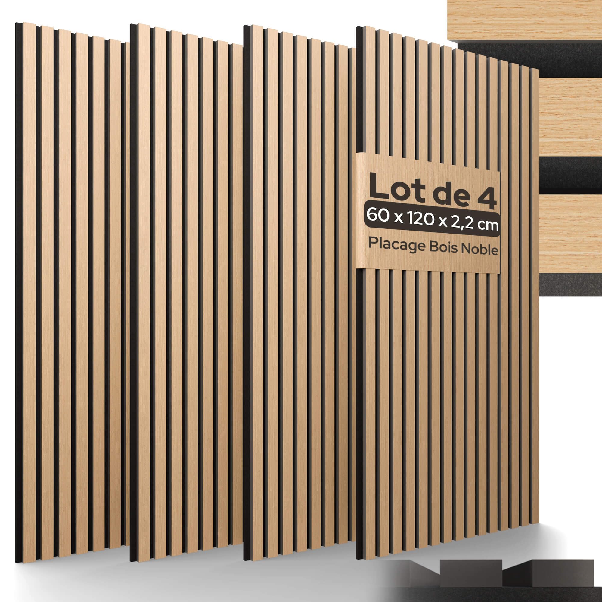 Arebos Lot de 4 Panneaux Acoustiques 120×60 cm | Panneaux Muraux à Lattes Aspect Bois pour Mur & Plafond | Haute Absorption Acoustique | Installation Facile & Découpable