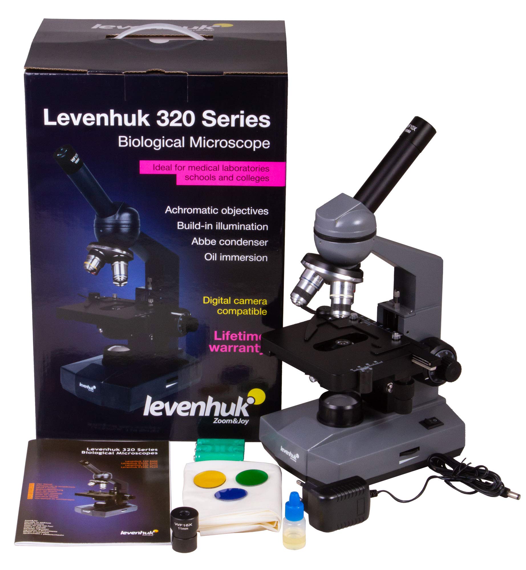 Microscopio Monocular Biológico Levenhuk 320 Plus 40-1600x con Óptica Acromática de Gran Angular, Iluminación por LED y Filtros