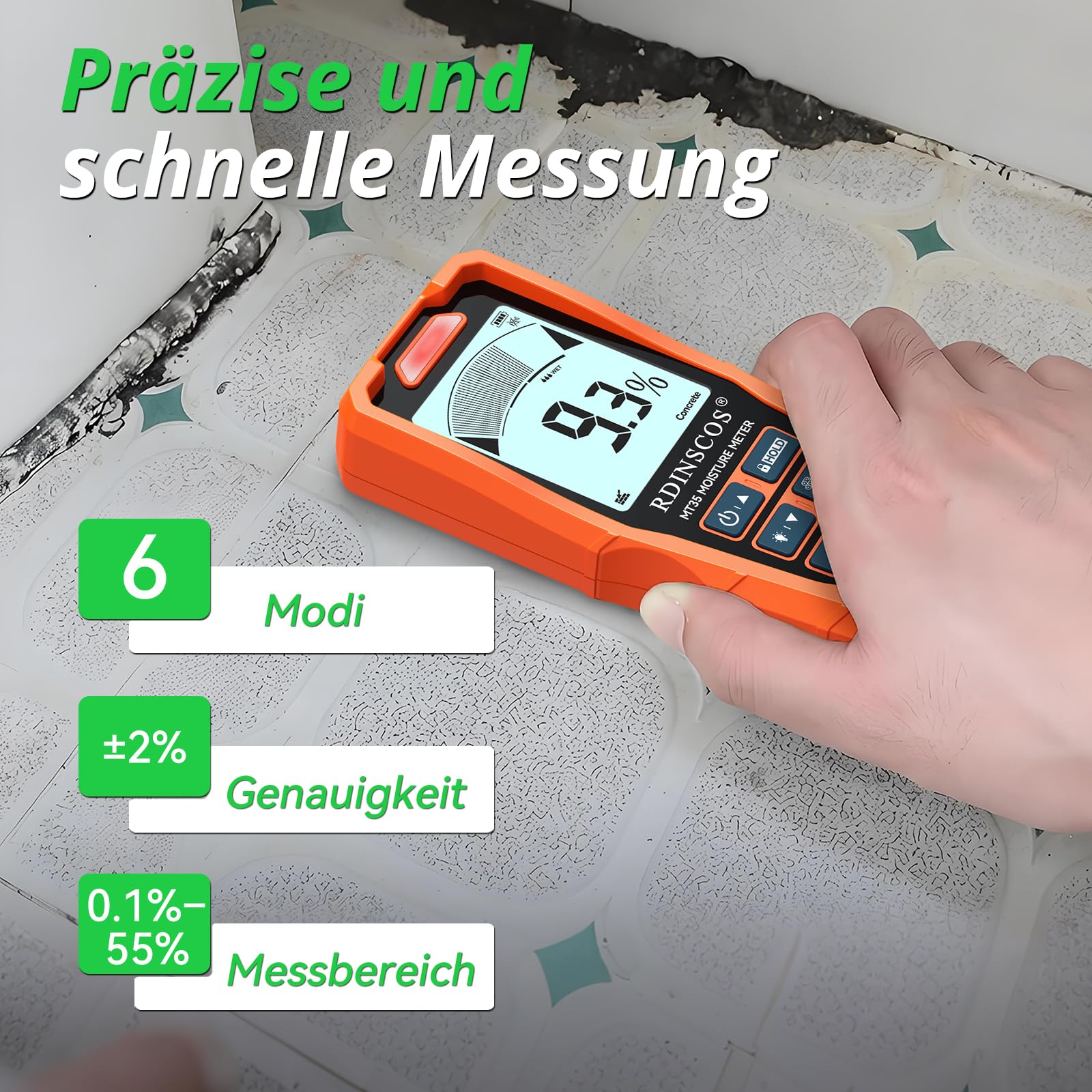 RDINSCOS Feuchtigkeitsmessgerät Wand Feuchtigkeitsprüfer Mauerwerk Feuchtigkeitsmesser Wand Pinless-Messgerät mit 3-Farben LCD Alarmsystem, akustischem Alarm & HOLD-Funktion für Wände Holz