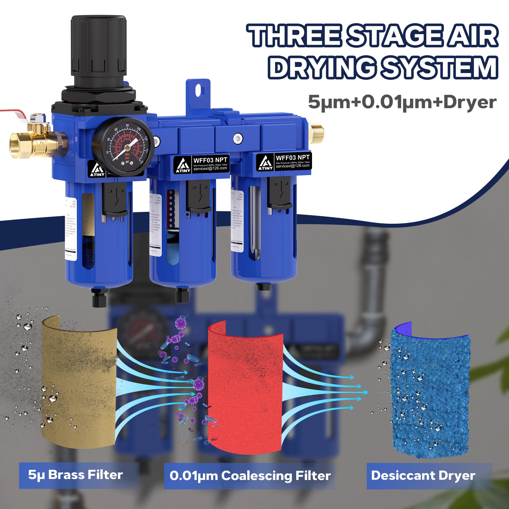 Système de séchage d'air NPT à trois étapes de 3/8 pouces, régulateur de pression d'air avec cartouche filtrante de 5 et 0,01 microns, séchoir déshydratant et régulateur d'air, bol de drainage en