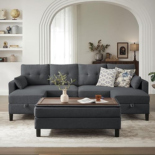 Miniatura 10 de Sofá modular convertible de 101 pulgadas, sofá moderno de tela de lino en forma de U con tumbonas reversibles y mesa auxiliar otomana, sofá de 4