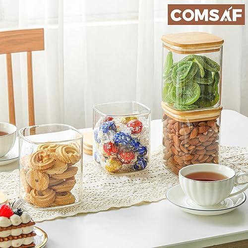 Miniatura 7 de ComSaf Recipiente hermético de almacenamiento de vidrio con tapa de madera (37 onzas) - Tarros de vidrio de almacenamiento de alimentos de 27 onzas,