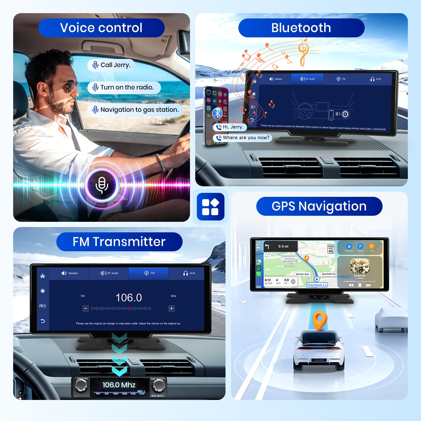 2025 Hodozzy Schermo Carplay Android Auto Senza Fili, Stereo Auto Portatile Bluetooth da 10,26 pollici con Touch Screen IPS/Youtube/Controllo Vocale/Trasmettitore AUX/TF/OTA/FM+Telecamera Posteriore