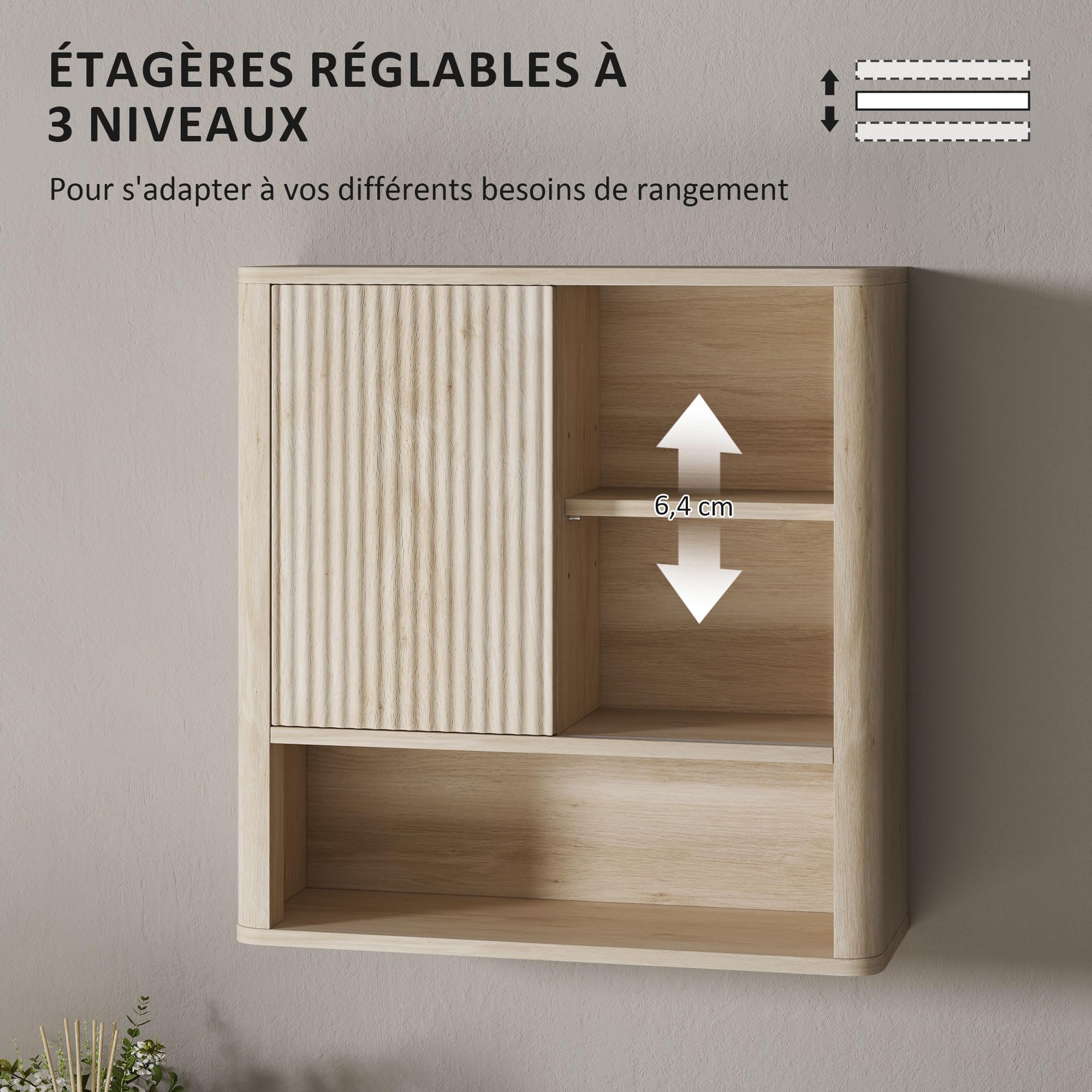 HOMCOM Armoire Murale Armoire Suspendu 60 x 20 x 62 cm Bois Naturel | Meuble Haut Salle de Bain, Porte Coulissante, Étagères Ouvertes, Étagères Réglables