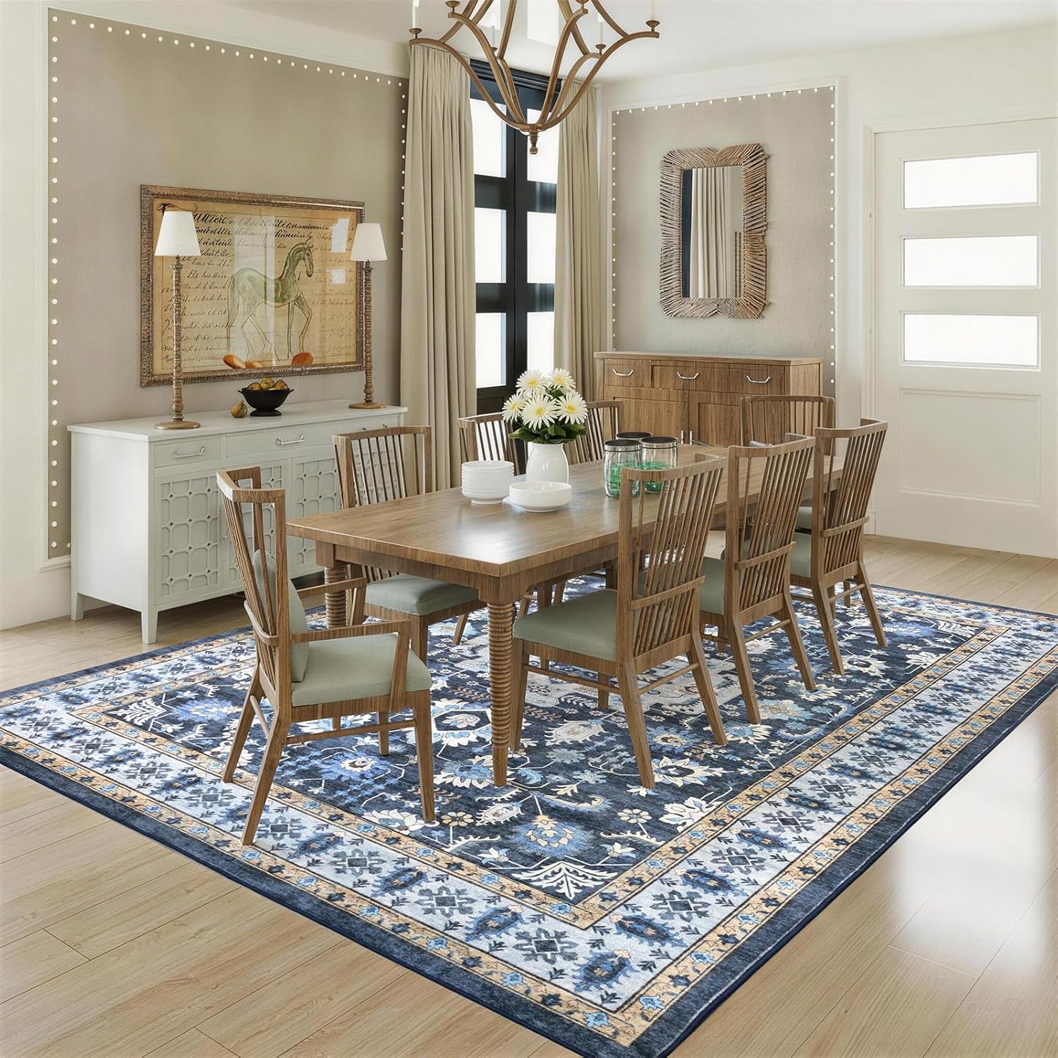 Area Rugs 5x8 Washable Rug for Living Room, Boho Dark Blue Floral Medallion Throw Rug for Bedroom, Low Pile Non-Slip Ultra Thin Foldable Carpet Under The Table for Dining Room