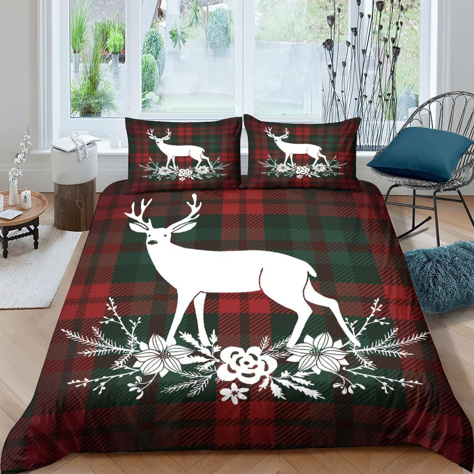 Ctjqhvkz Style-6 3D Printed Plaid Deer Fitted Sheet Microfiber Soft Red Green Forest Floral Mattress Cover For Bedroom Guestroom Decor Single（135X200cm）
