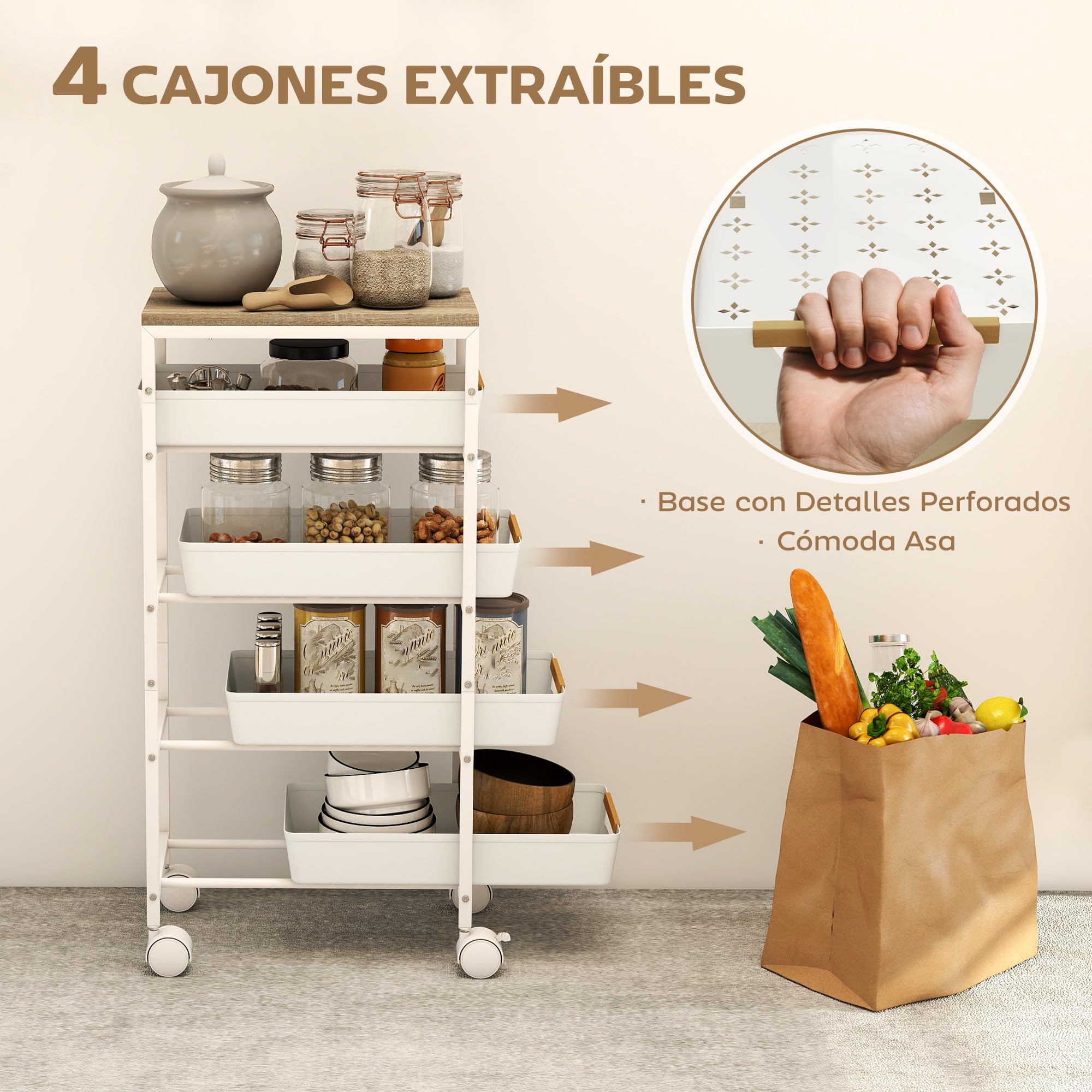 HOMCOM Carro de Cocina de Almacenamiento de 5 Niveles Carrito Auxiliar con Ruedas Tablero Efecto Madera y 4 Cajones Extraíbles Carrito de Cocina para Comedor Salón 39,5x24x82 cm Blanco
