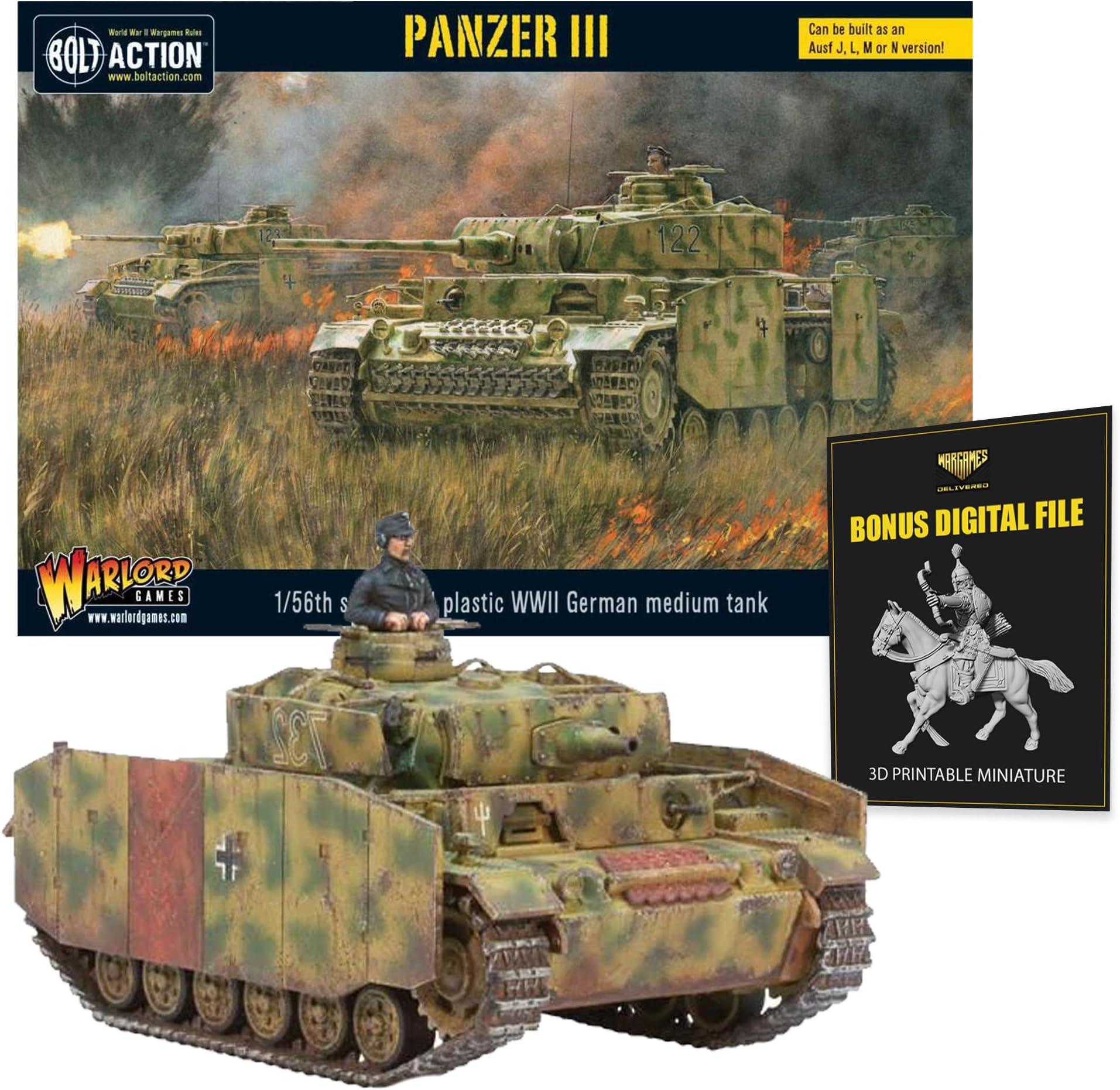 Wargames Delivered - Warlord Games Bolt Action: Tank War Panzer III German Tank with Bonus Miniature STL Download - World War 2 Miniatures, 28mm Scale Bolt Action German Model