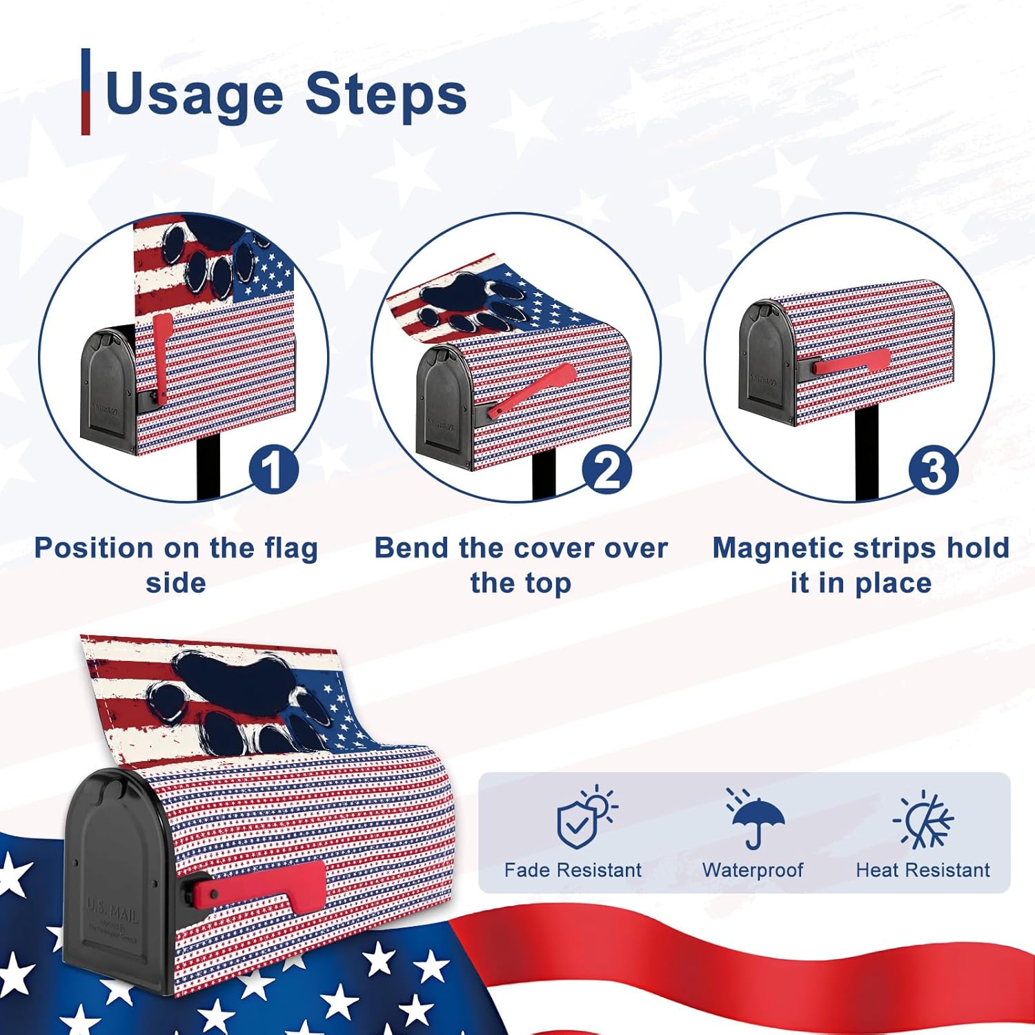 American Flag with a Paw Print & Stars Stripes Mailbox Covers Magnetic Standard Size 21x18 Inch, Patriotic Mail Box Wraps for 4th of July Independence Day, Post Letter Box Cover for Garden