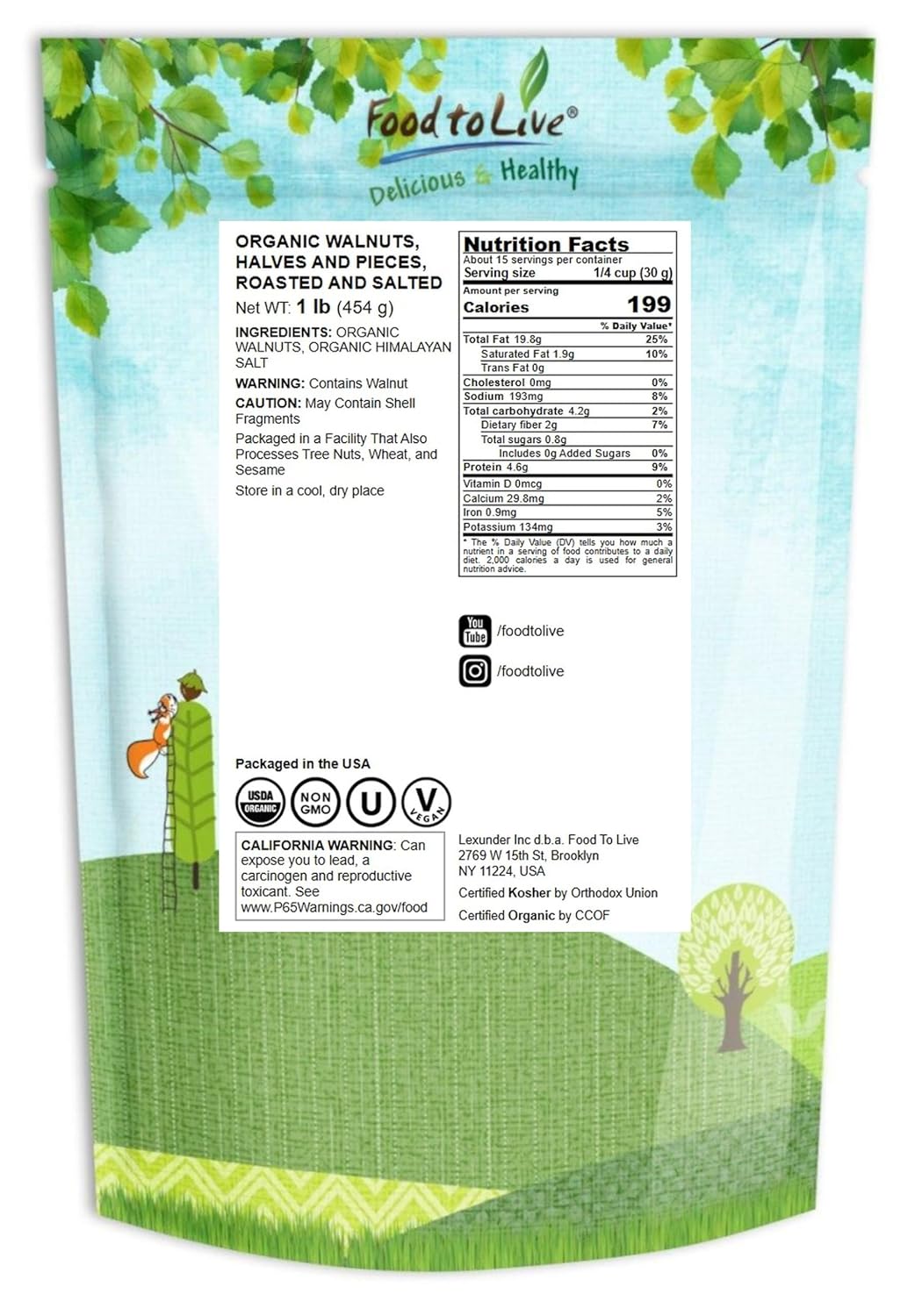 Food to Live Organic Dry Roasted Walnut Halves and Pieces with Himalayan Salt, 1 Pound – Oven Toasted, Lightly Salted, Great for Baking and Cooking. Non-GMO, Vegan, Kosher, Bulk