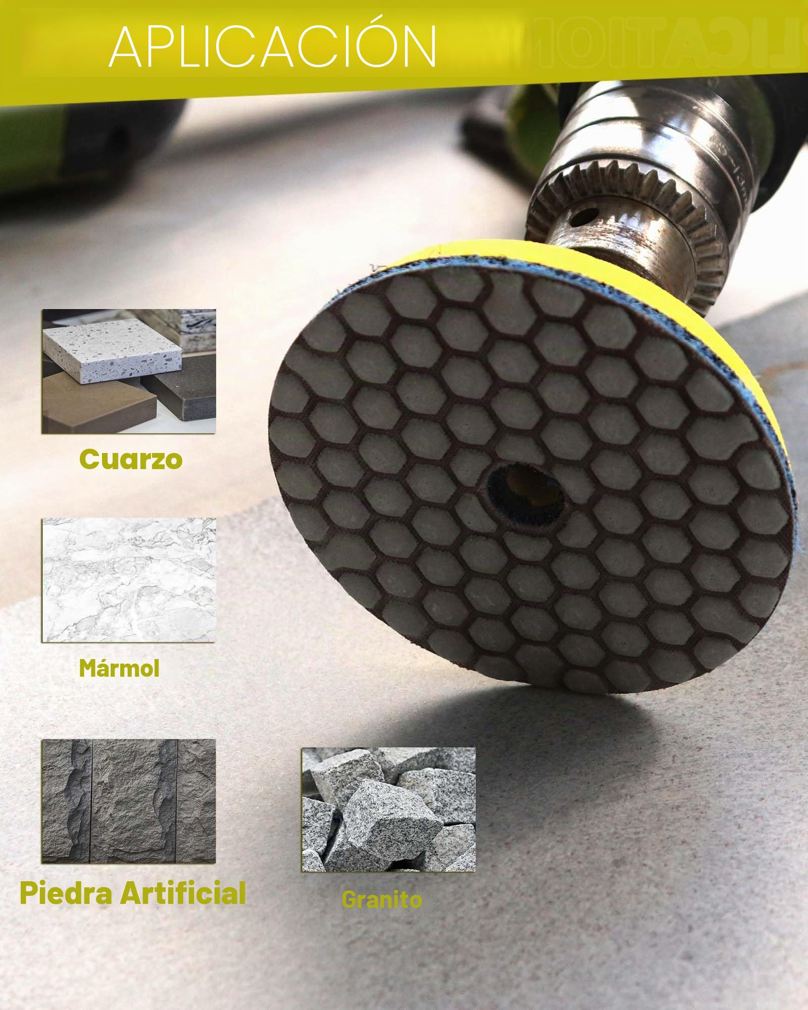 Almohadillas Pulido Diamante Seco 4"/100mm - 8piezas Grano 50 Discos Pulido para Granito Mármol Piedra Artificial Cuarzo para Amoladora Angular SANLEETEK