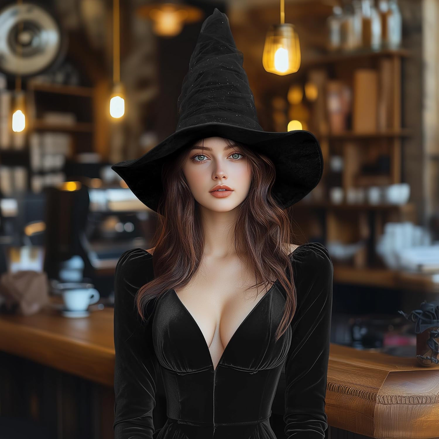 Women's Witch Hat with Shapeable Wide Brim and Adjustable Drawstring