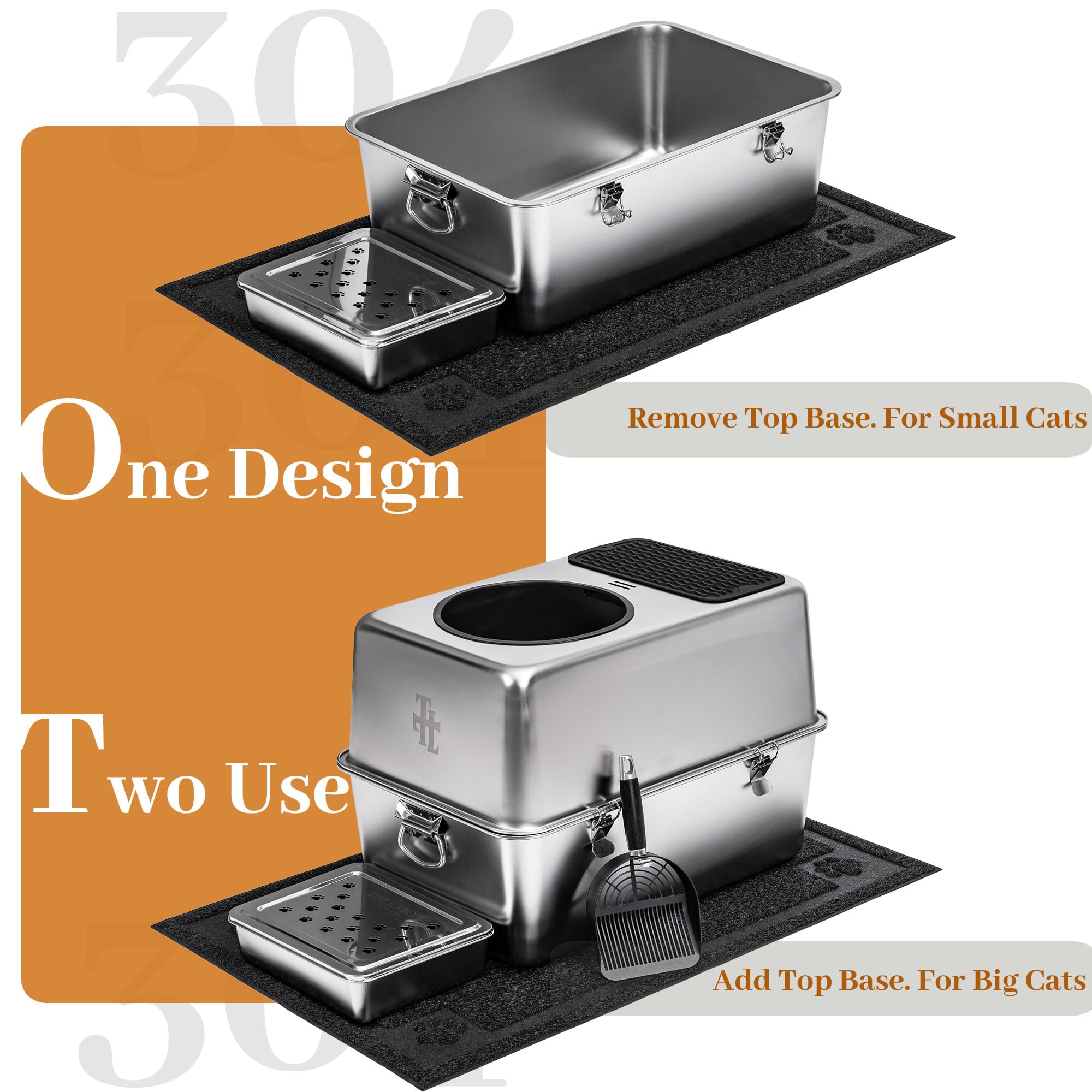 304 Stainless Steel Fully Enclosed Top-Entry Cat Litter Box Leak-Proof Design, Metal Scoop & XL Litter Mat, Side Clamps & Handles for Large Cats (Black, X-Large) - image 7