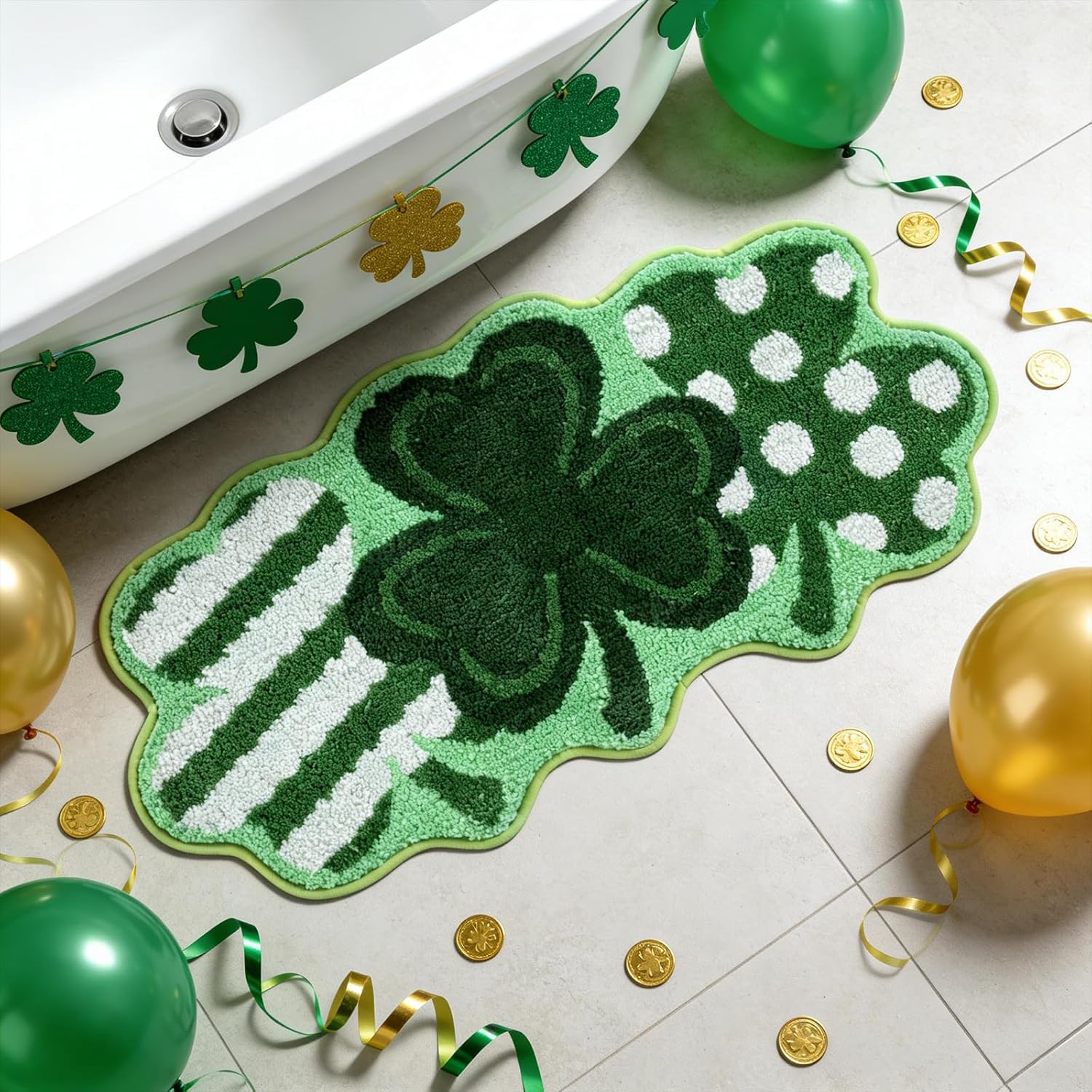 Moutina St Patricks Day Bathroom Rugs 18x36 Inch, Spring Soft and Absorbent Tufted Shamrock Bath Mat Non Slip Washable, Lucky Green Bathroom Decor Rug St. Patrick's Day Decorations