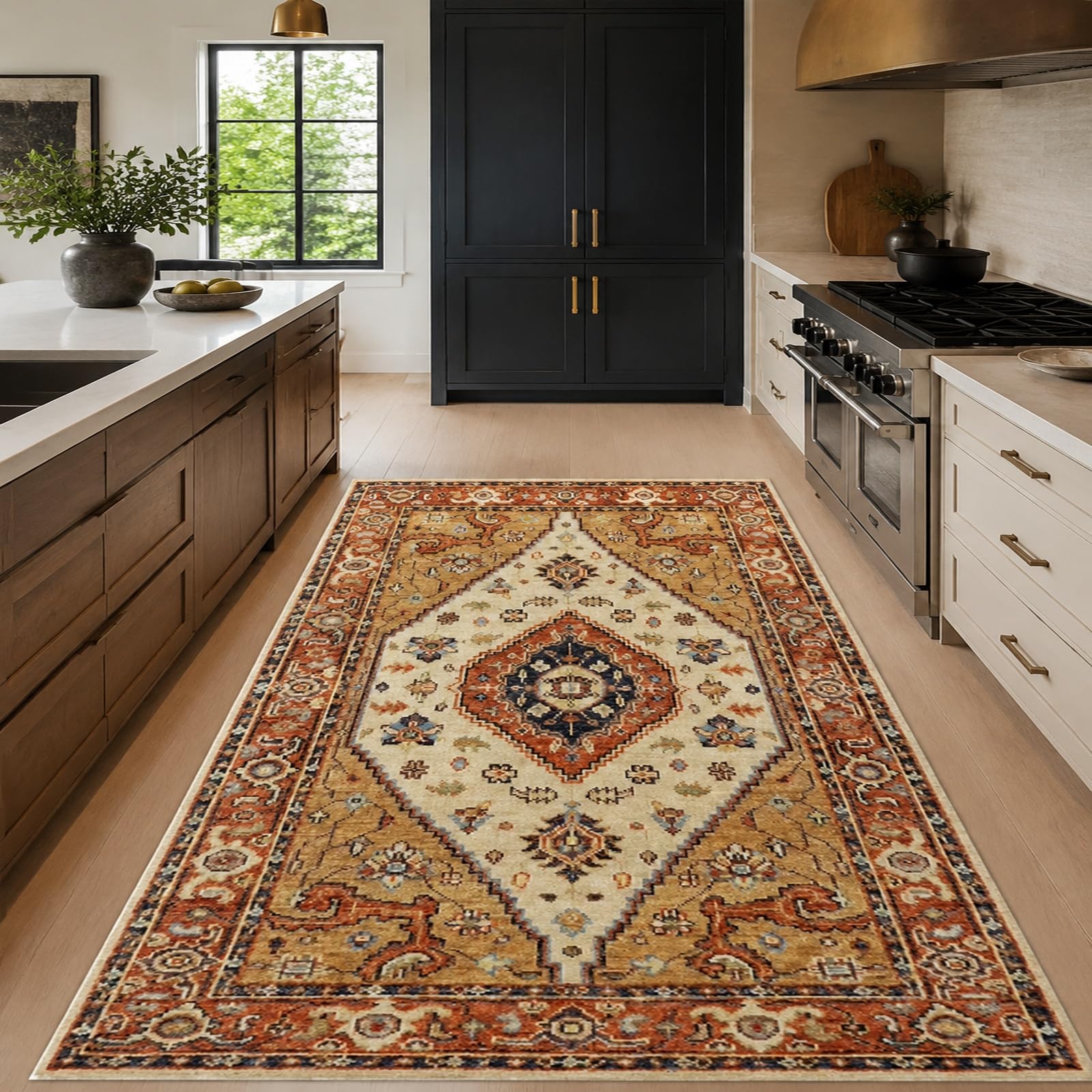 Tapis carré 80 x 80 cm oriental beige marron rouge bleu blanc