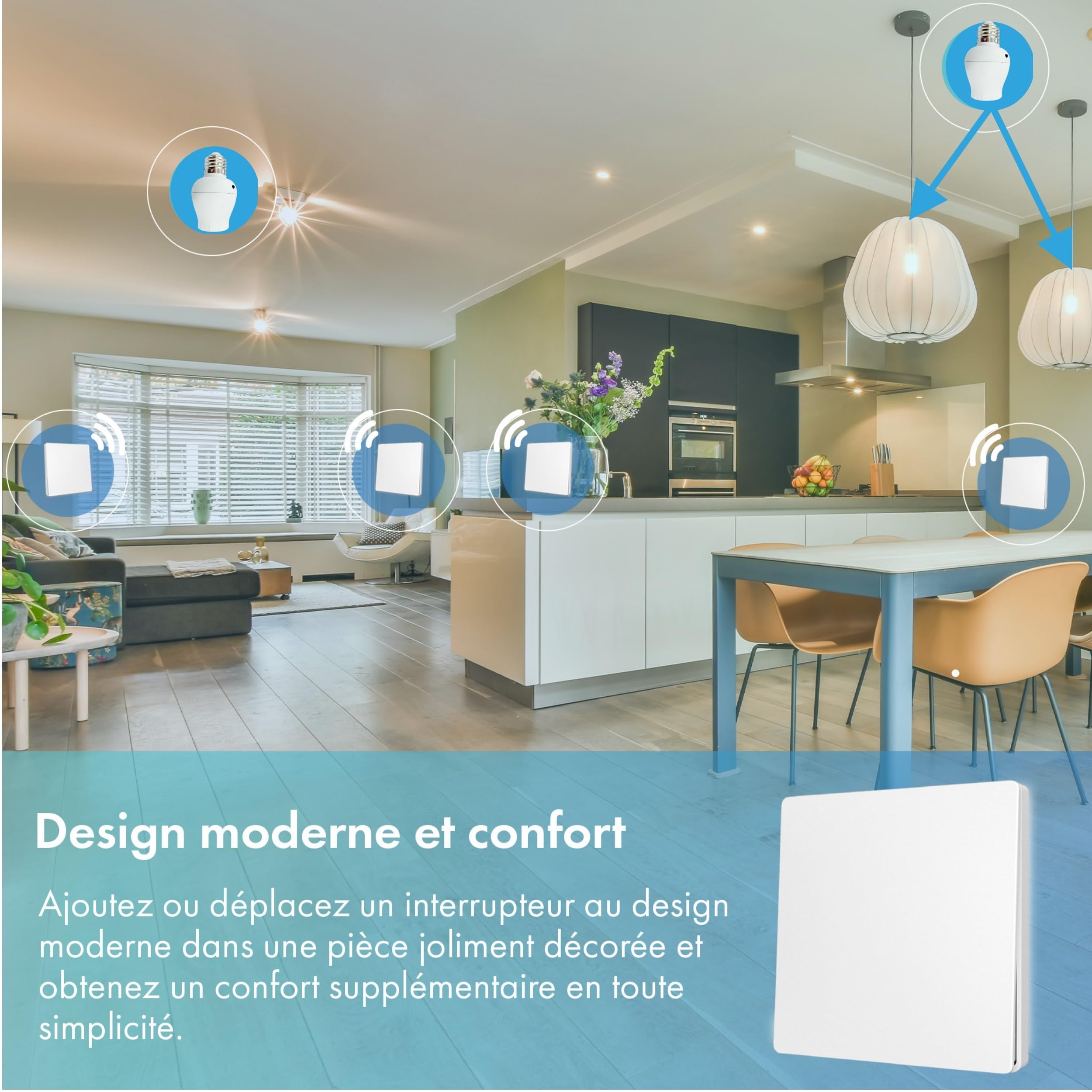 Interrupteur sans fil et sans pile Auto alimenté - Écologique - Qualité Pro - Va et vient RF 6 télécommande + 1 Douille radio à visser E27 - Longue Distance - Intérieur Extérieur IP64