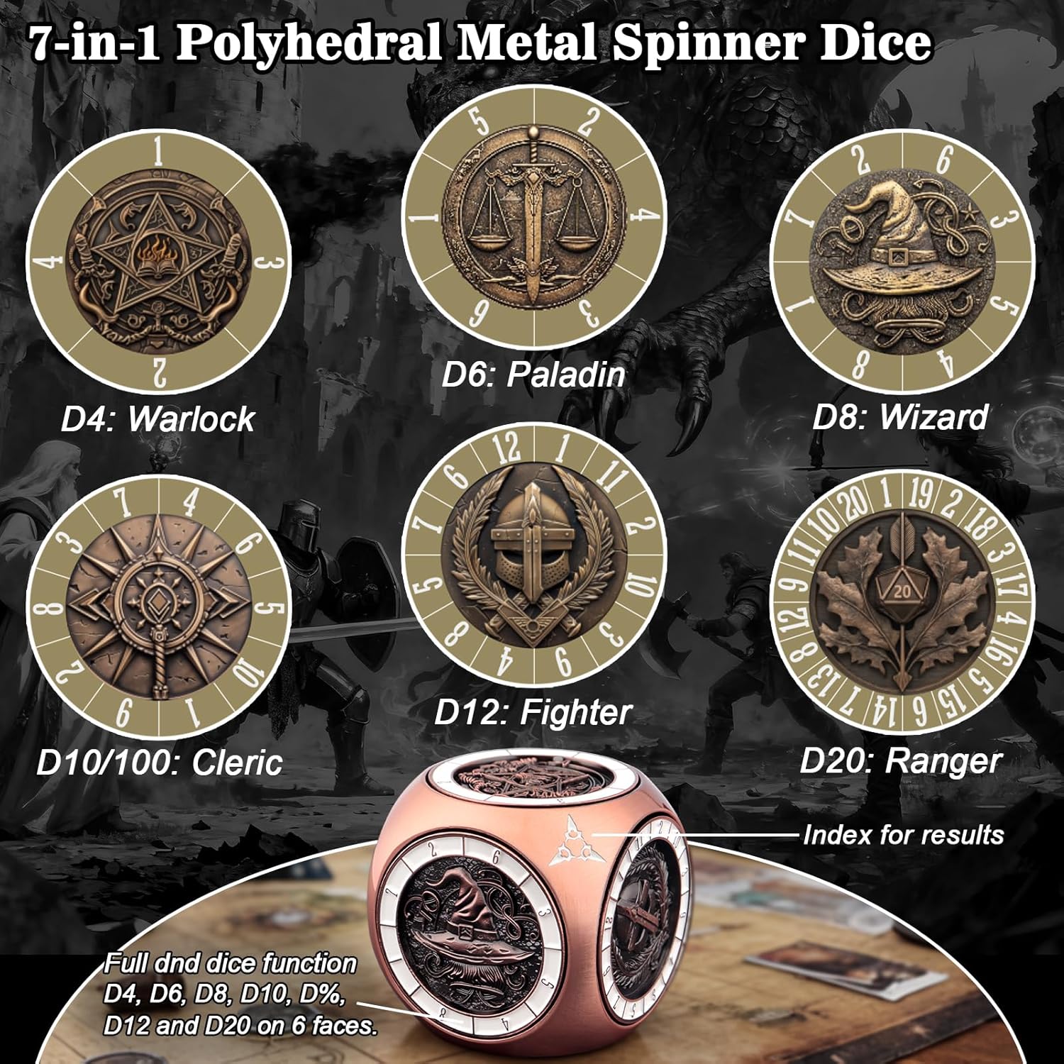 PJOY 7 in 1 DND Spinner Dice Set Metal Cube Spinner Dice for Dungeons and Dragons Gifts Ideas for Gamers Role Playing Game Accessories Cool DND Gifts Desk Gadgets for DM Dungeon Masters Players