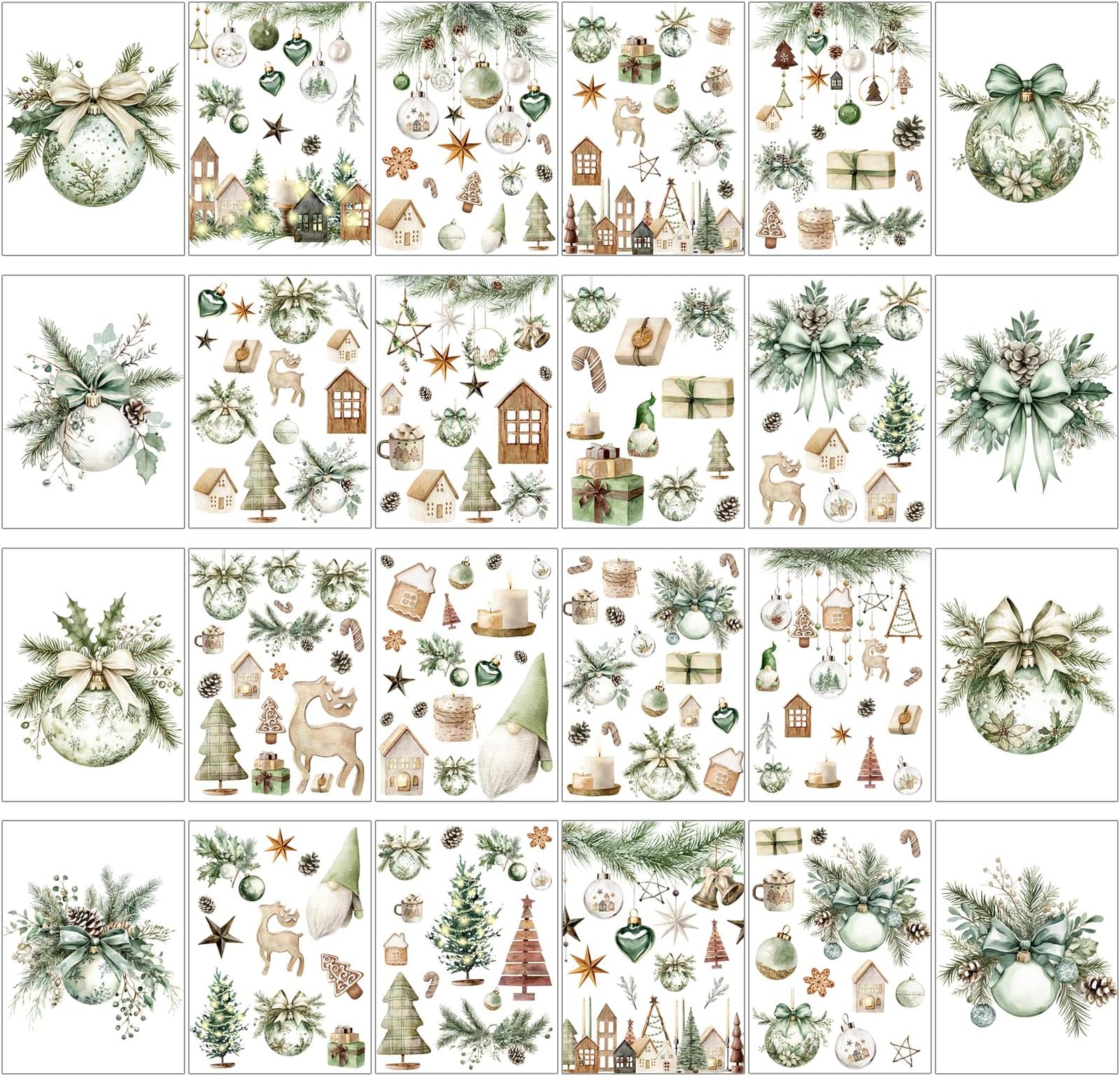 Gueevin 24 Sheets Christmas Rub on Transfers for Crafts Rustic Sage Green Xmas Rub on Decals Snowman Village House Gnome Bow Stickers for Neutral Scrapbook DIY Project Windows Wall Envelope Gift Bags