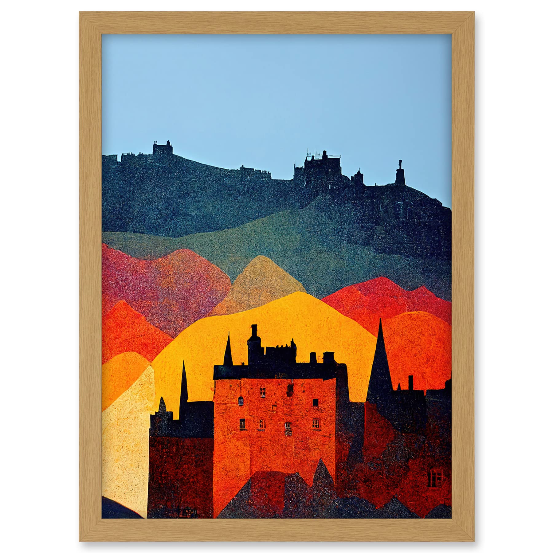 Wee Blue Coo Edinburgh in Autumn Scotland Scottish Modern Folk Art Multi Coloured Cityscape Artwork Framed A3 Wall Art Print