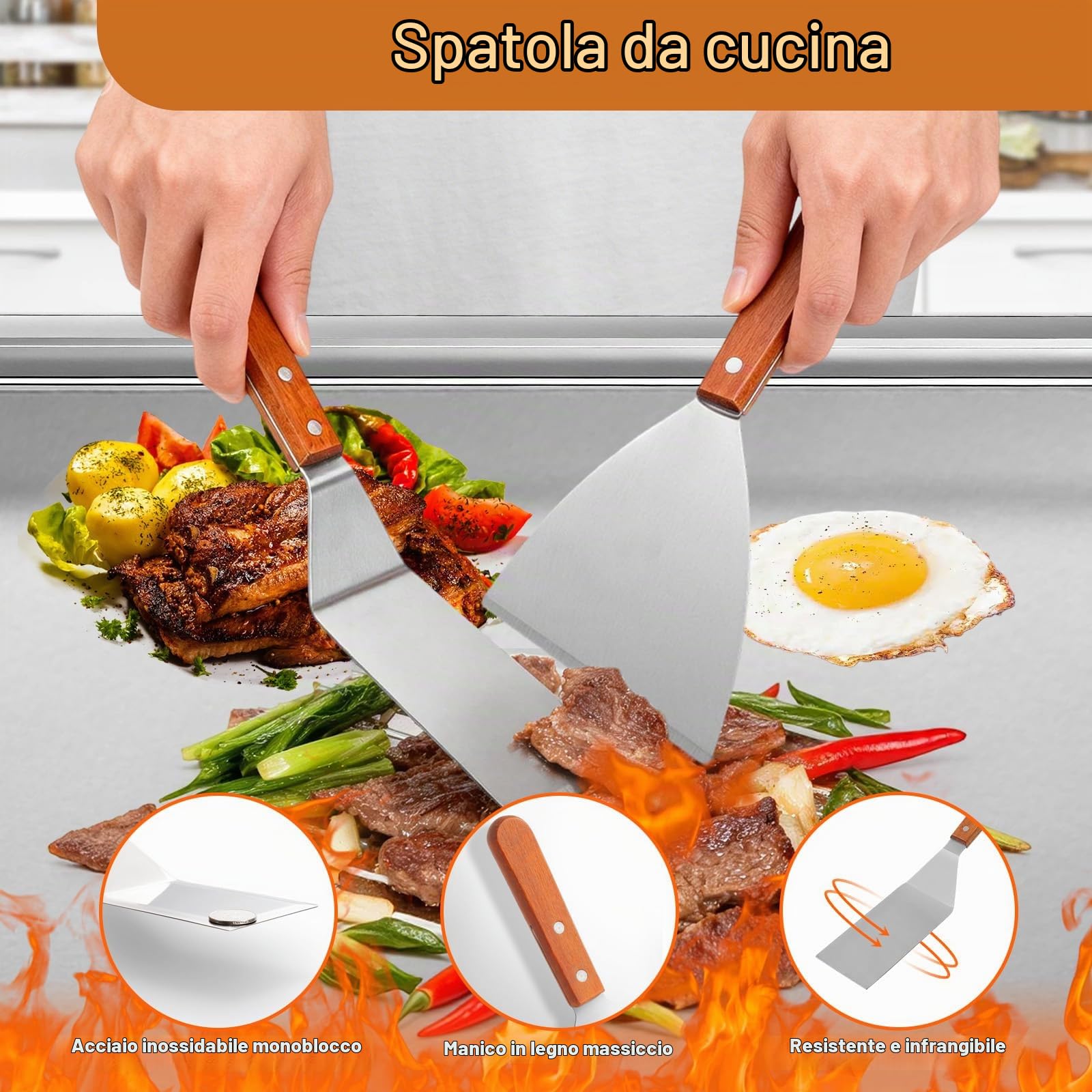 Piastra Acciaio Inox con 2 Spatole e Manici, Raschietto, Bistecchiera Rettangolare Universale 58x41x7.5cm, Piastre Barbecue Ghisa Fornelli Gas Accessori Griglia BBQ per Campeggio Festa Eventi Esterno