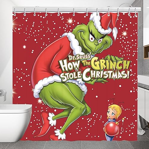 Miniatura 4 de Cortina de ducha de Navidad para baño, decoración impermeable con 12 ganchos, dobladillo de plomo con peso, juego de cortinas de ducha de poliéster