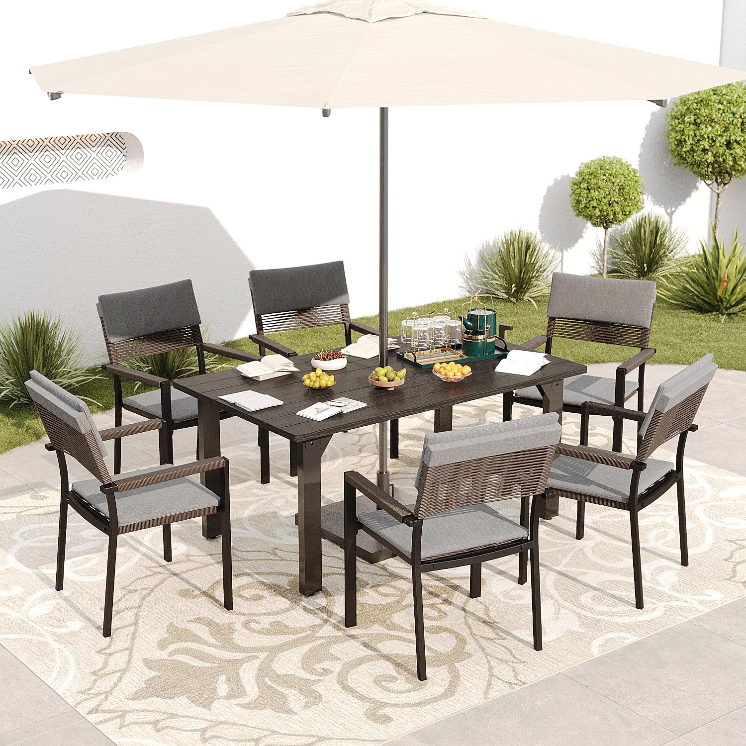 Sundale Outdoor Patio Dining Table for 6, 60 inch Metal Outdoor Table with Wooden-Like Top, Rectangular Tables with Umbrella Hole for Backyard Yawn Garden, Dark Gray
