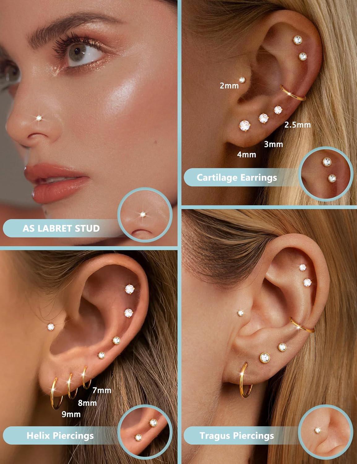 CASSIECA 14K Gold Plated Flat Back Nose Rings Studs, CZ Piercing Jewelry | Surgical Steel, Internal Thread, CZ Nose Studs and Hoops for Nose, Tragus, Helix, Conch, Lip,Earring