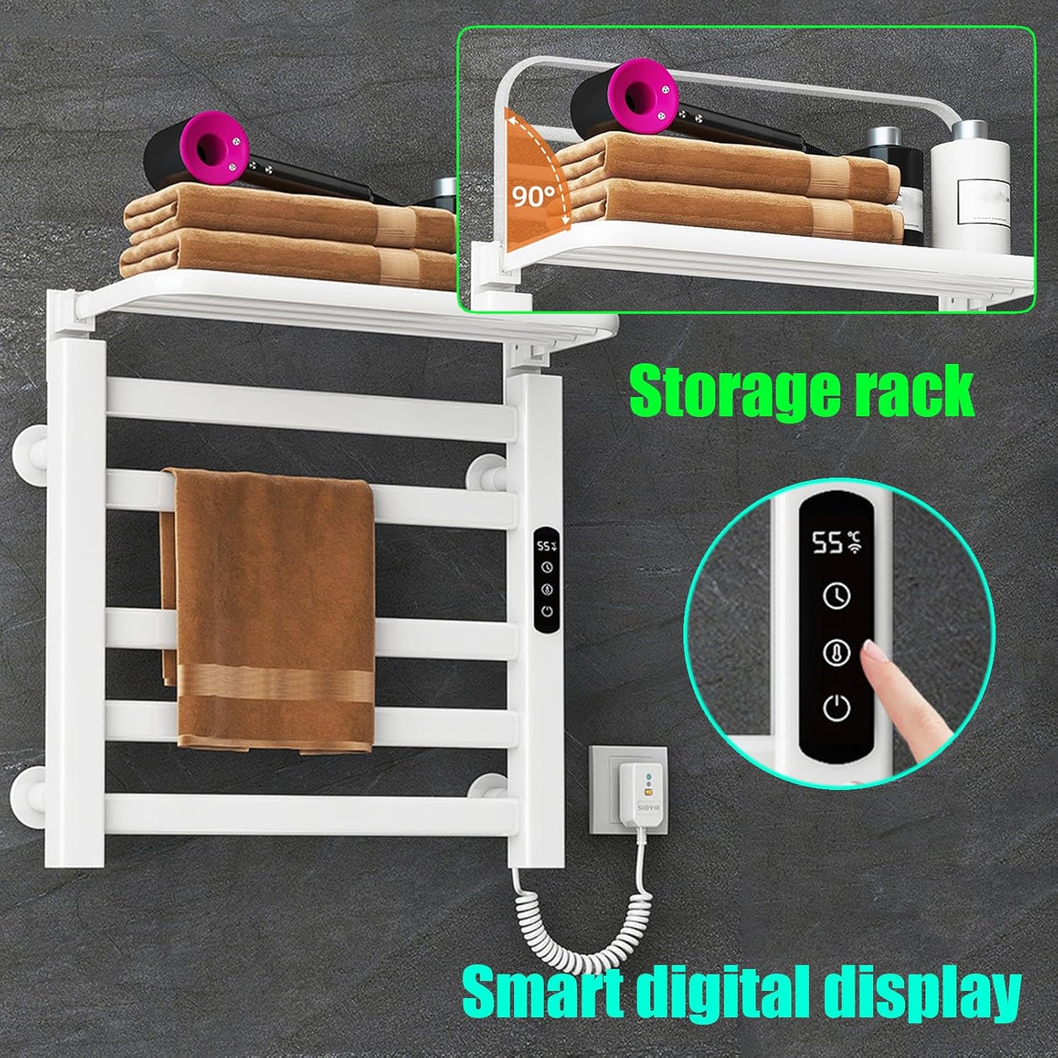 Wall Mounted 5 Bars Heated Towel Racks,Towel Warmer with Top Shelf,Towel Warmers for Bathroom with Intelligent Touch Screen Timer,White,Right Line