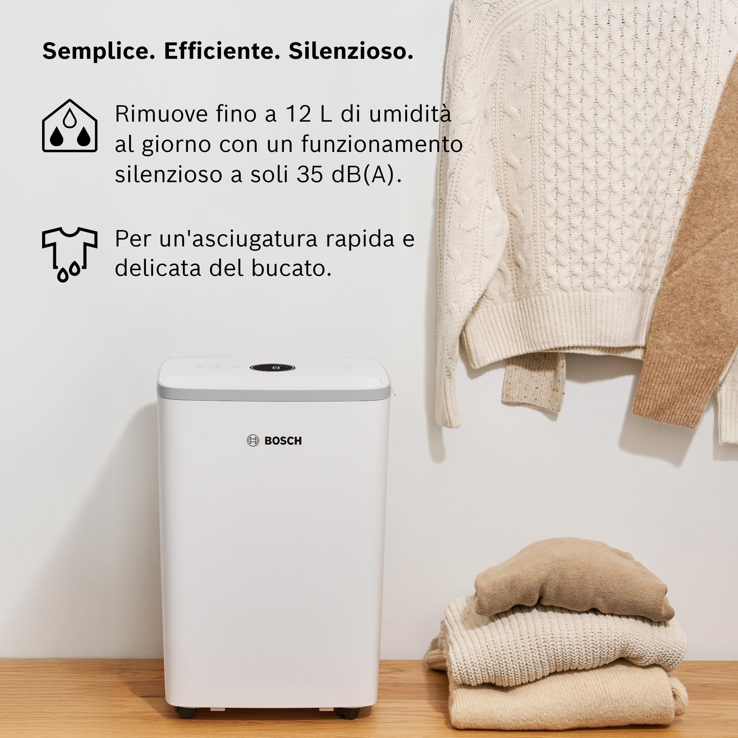 Bosch Dry 2000 - Deumidificatore - Facile. Efficiente. Tranquillo. Per la tua casa e la tua camera da letto - Per Stanze fino a 24 m² - Asciugatura rapida per il tuo bucato
