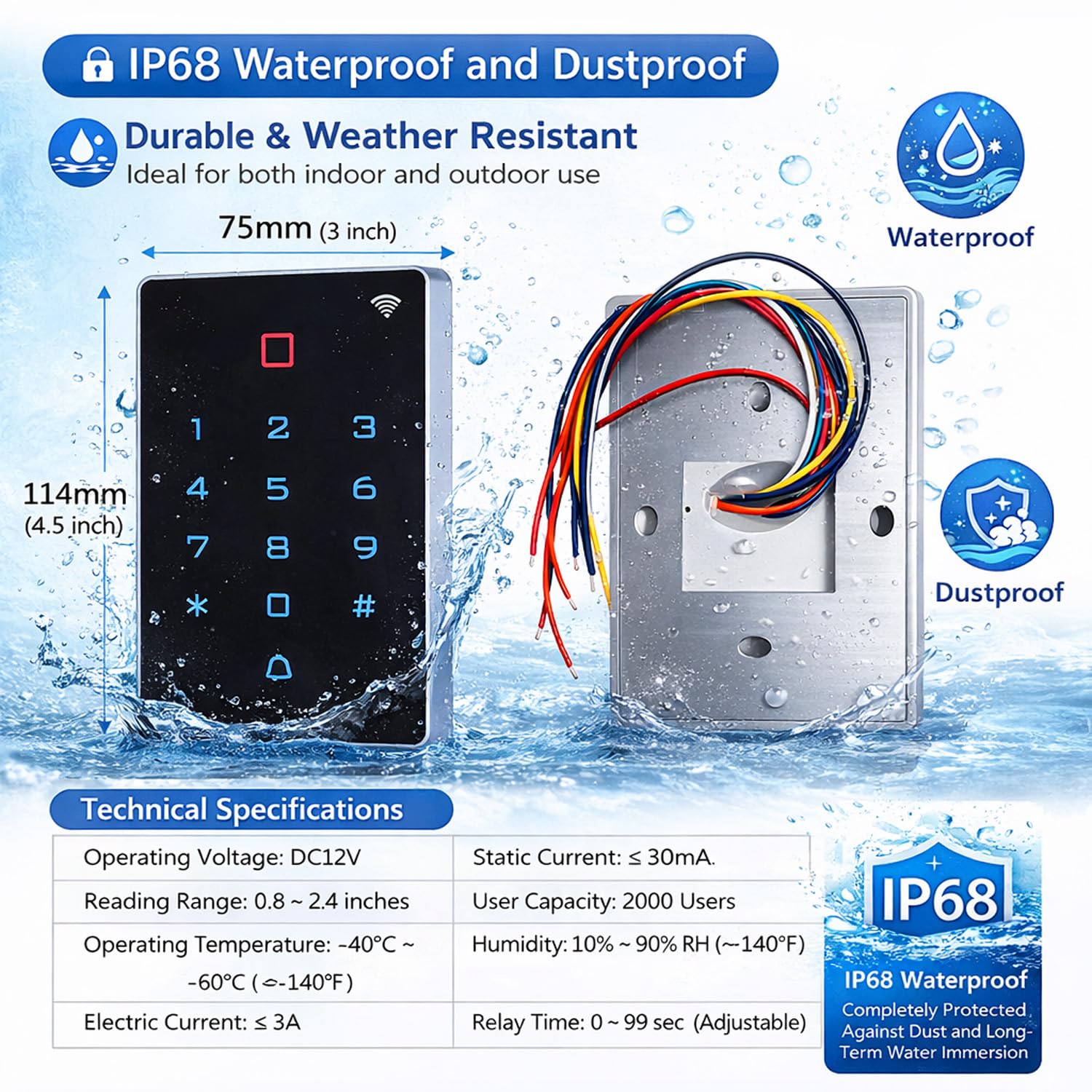 Kit de Control de Acceso WiFi Tuya – Teclado Táctil IP68 Retroiluminado con Apertura por App, Código Pin y RFID 125kHz, Electroimán 180kg (400lb) NC, Alimentación DC12V, Botón de Salida + 10 Llaveros