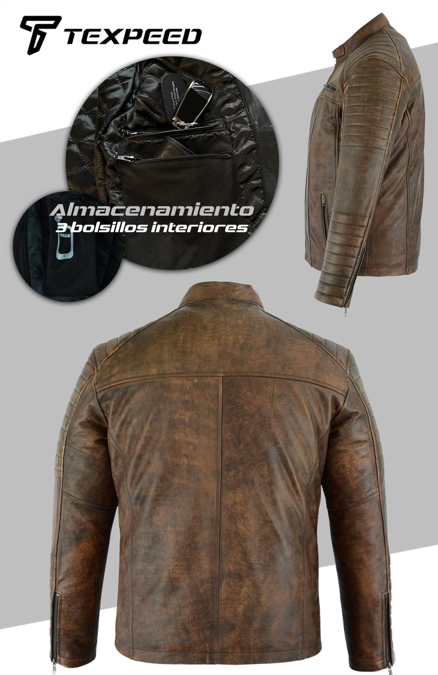 Texpeed Chaqueta de cuero informal para hombre - Piel de oveja suave genuina estilo motocicleta