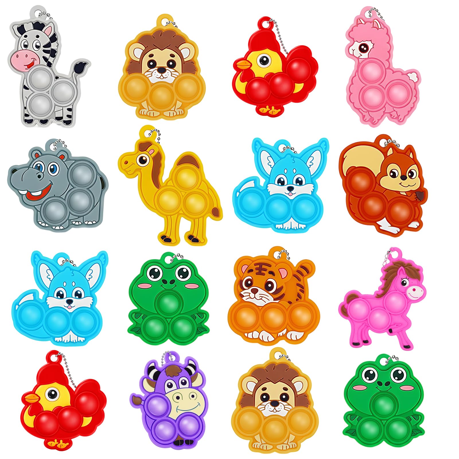 16 Pcs Pass The Parcel Prizes, Lucky Dip Prizes, Party Bag Fillers, Sensory Animal Keychain Toys, Set of 16 Assorted Animal Designs, 4-7cm x 4.8-5.5cm Dimensions