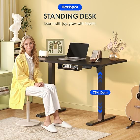 FLEXISPOT ONE PIECE Electric Standing Desk Height Adjustable Desk Sit Stand Desk with 4 Memory Smart Pannel and Backpack Hook for Home Office, 100 x 60cm Black