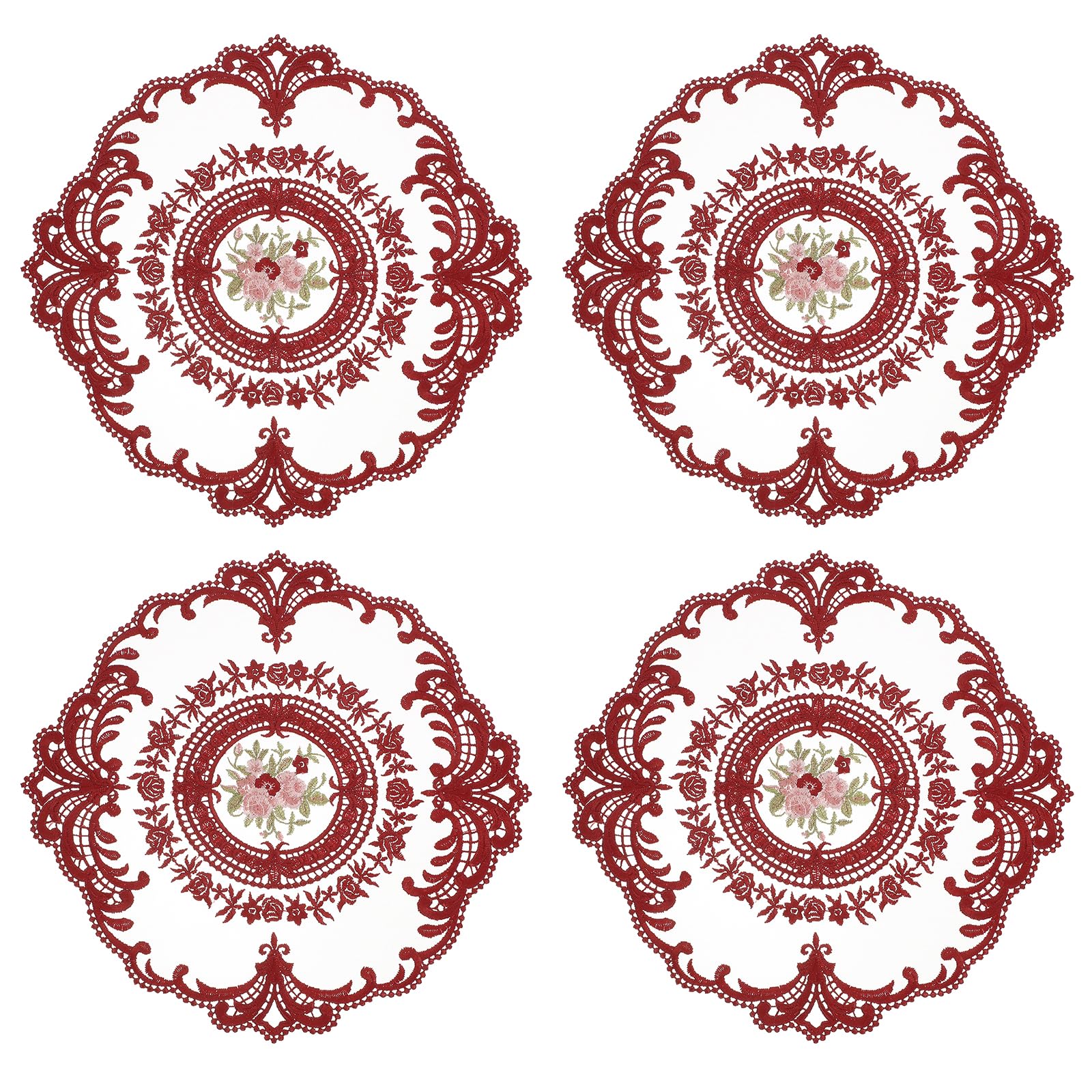 Napperons ronds brodés en dentelle rétro rouge vin 28 x 28 cm pour table et cuisine, lot de 4