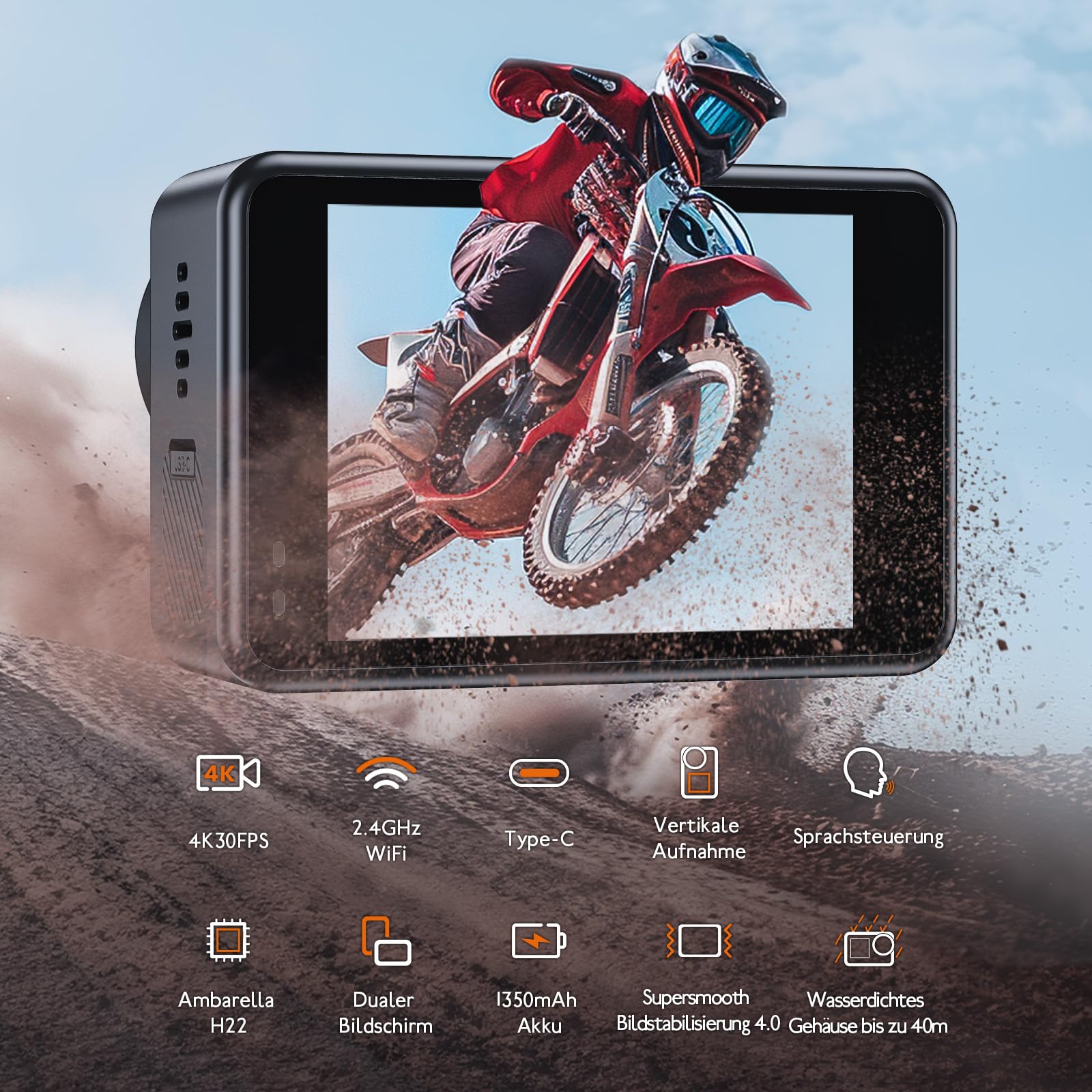 XTU S6 Action Cam 4K WiFi – Action Kamera mit 4K/30FPS, 20MP, EIS Bildstabilisierung, 170° Weitwinkel, Unterwasserkamera 40m, Touchscreen Actionkamera für Motorrad, Fahrrad & Outdoor