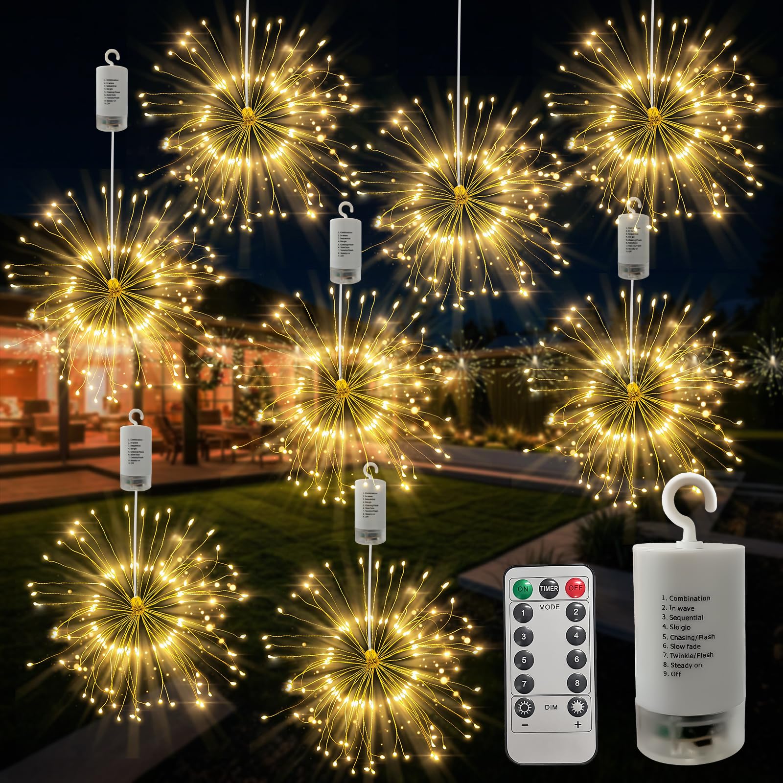 FOOING Luci Fuochi d’Artificio LED 120 LEDs, Ghirlanda a Batteria con 8 Modalità, Luci Decorative per Natale, Feste, Matrimoni, Finestre, Giardino ed Esterno