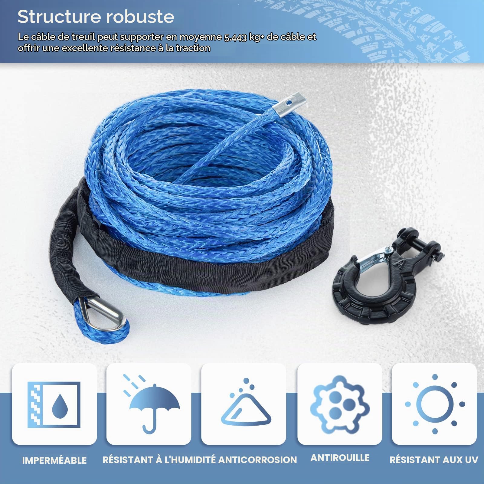 Corde de treuil synthétique de 1,6 cm x 15,2 m, 5 896,7 kg – Câble synthétique avec Manchon de Protection + Crochet de treuil forgé pour véhicule Tout-Terrain, VTT, UTV, VUS, Camion, Bateau,