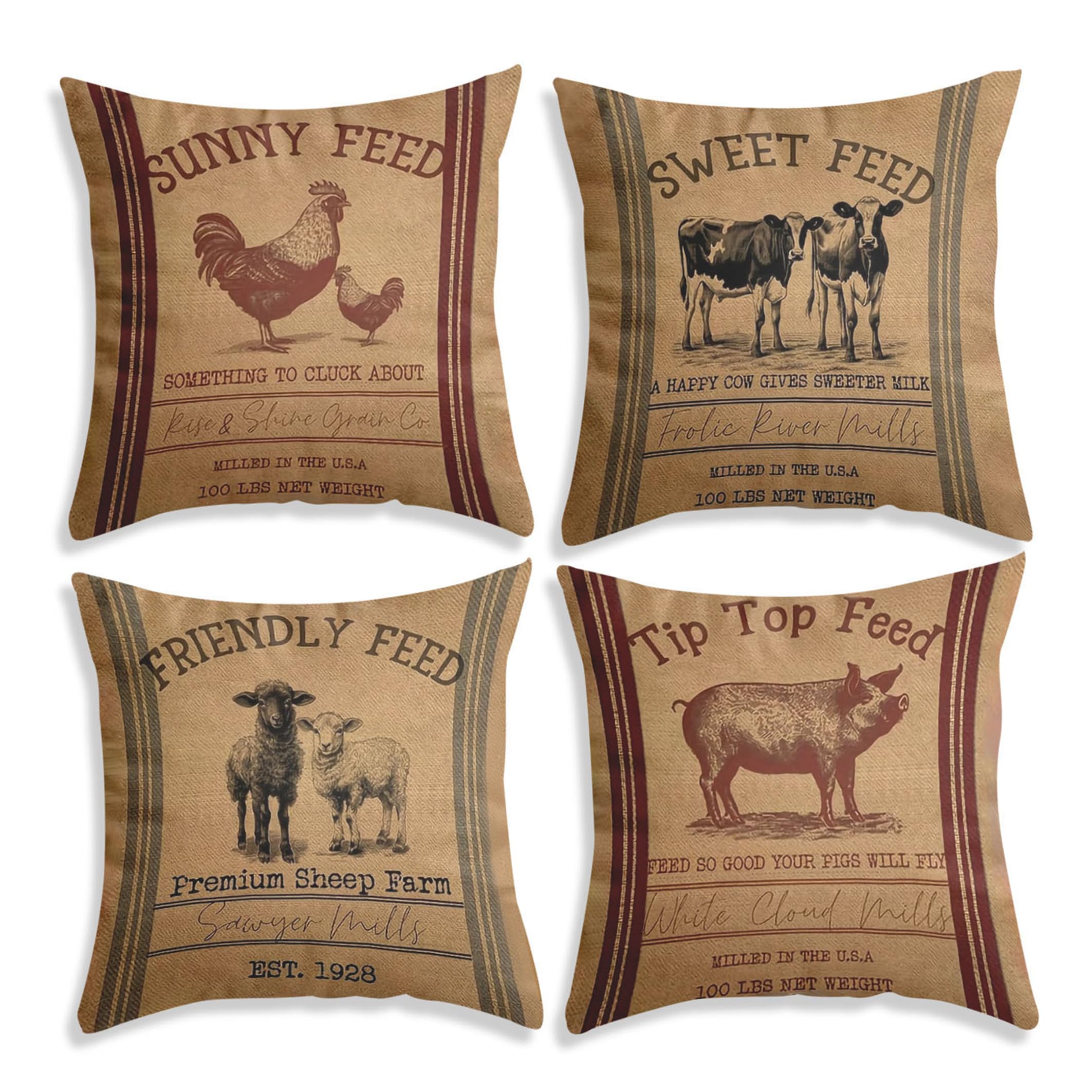 NASSMOSSE 4pcs Porch Pillow Covers, Linen Farmhouse Pillow Covers 18x18 With Retro Farm Animal Prints, Brown