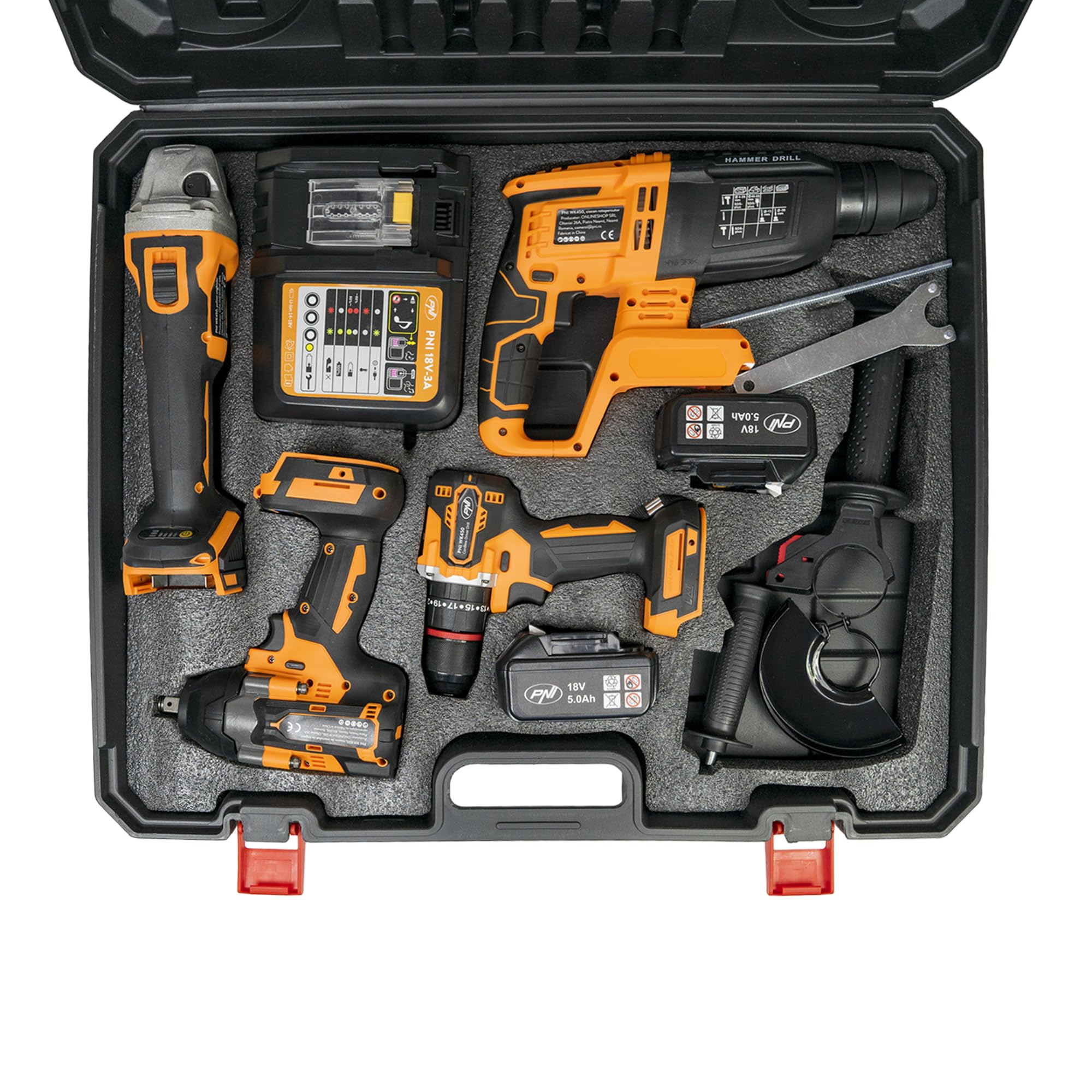 Set di utensili elettrici PNI WK450 con batterie da 18V 5.0Ah, caricabatterie incluso