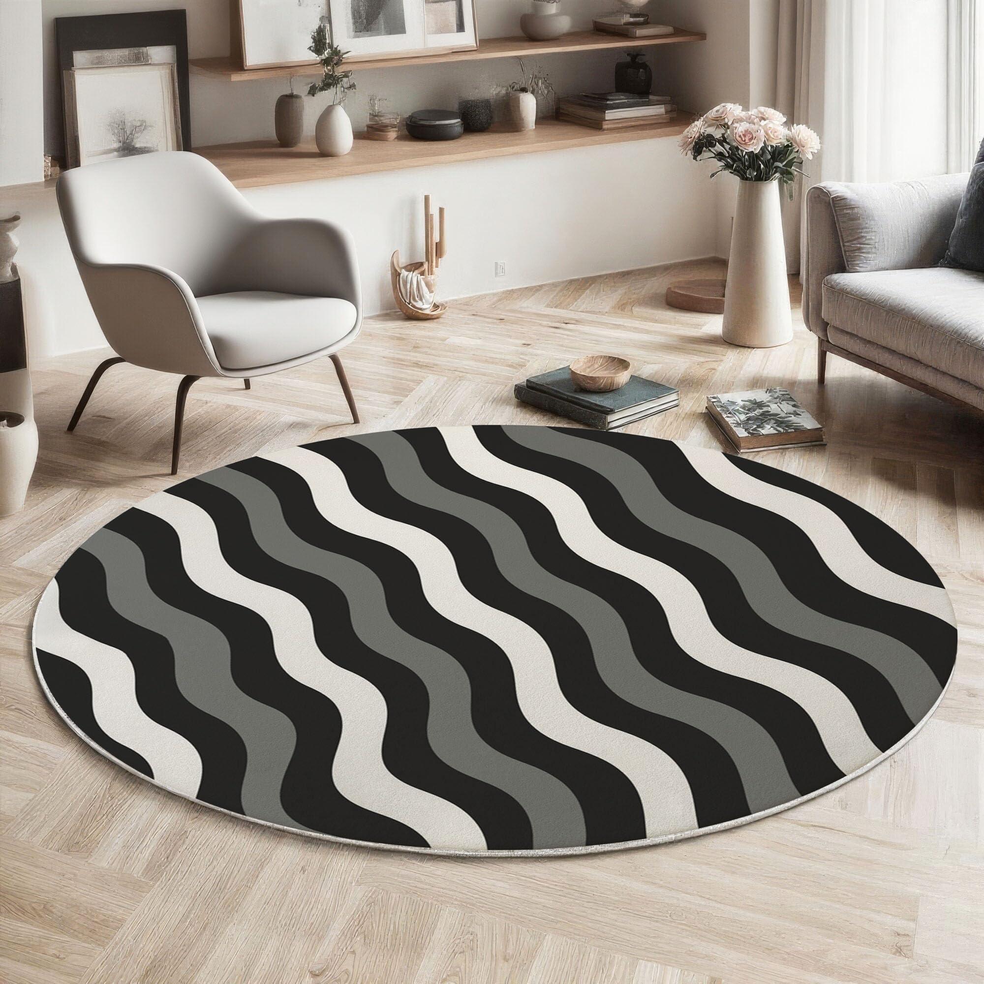 Tapis rond salon lavable et antidérapant avec motif lignes noires ondulées