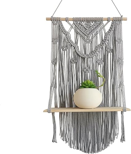 Miniatura 5 de Juego de 3 estantes flotantes de macramé para colgar en la pared, hechos a mano con cordón de algodón tejido de madera para colgar en el