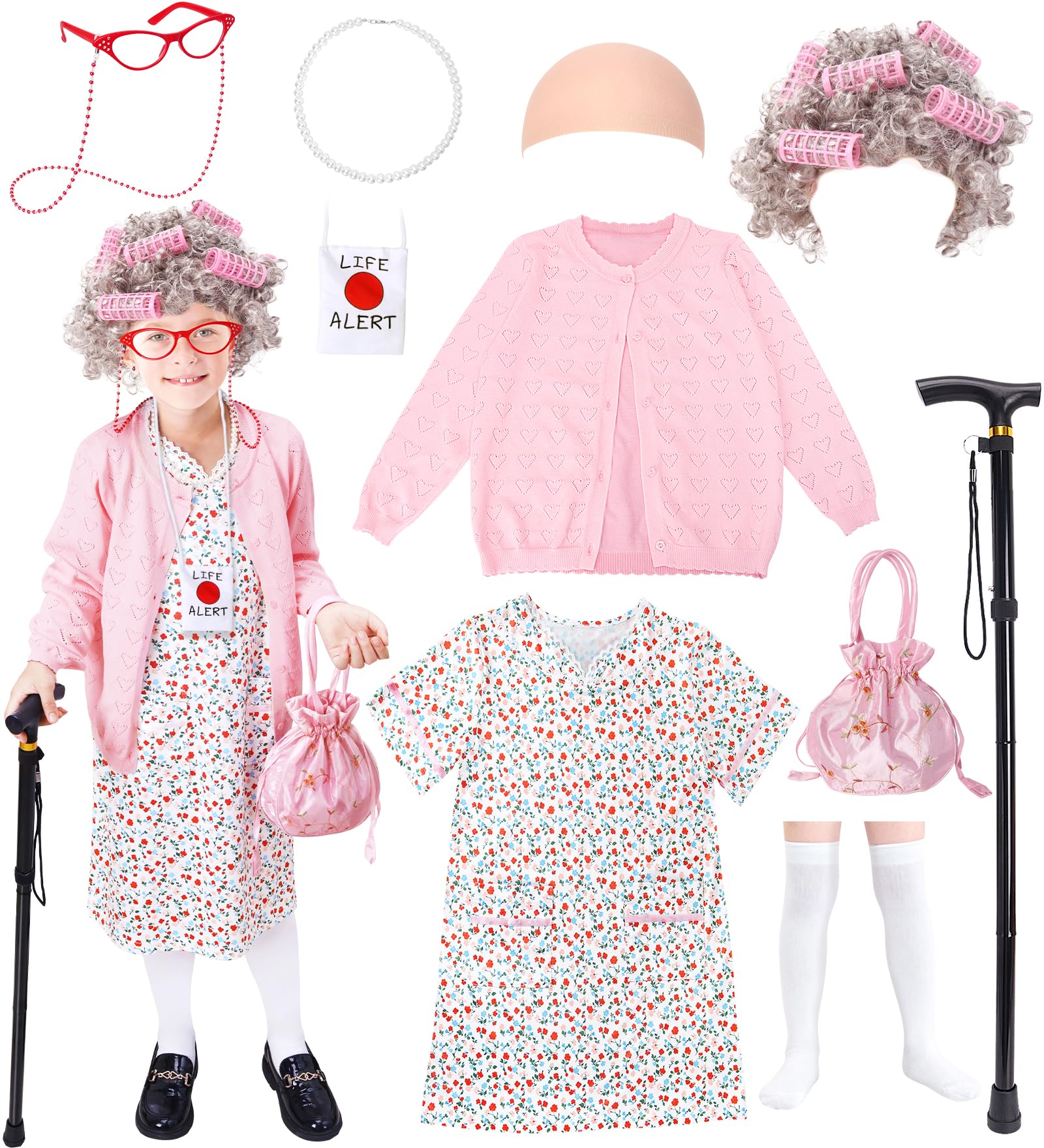 11 Pcs Old Lady Costume for Kids 100 Days of School Costume Girls Granny Grandma Costumes Kids Accessories