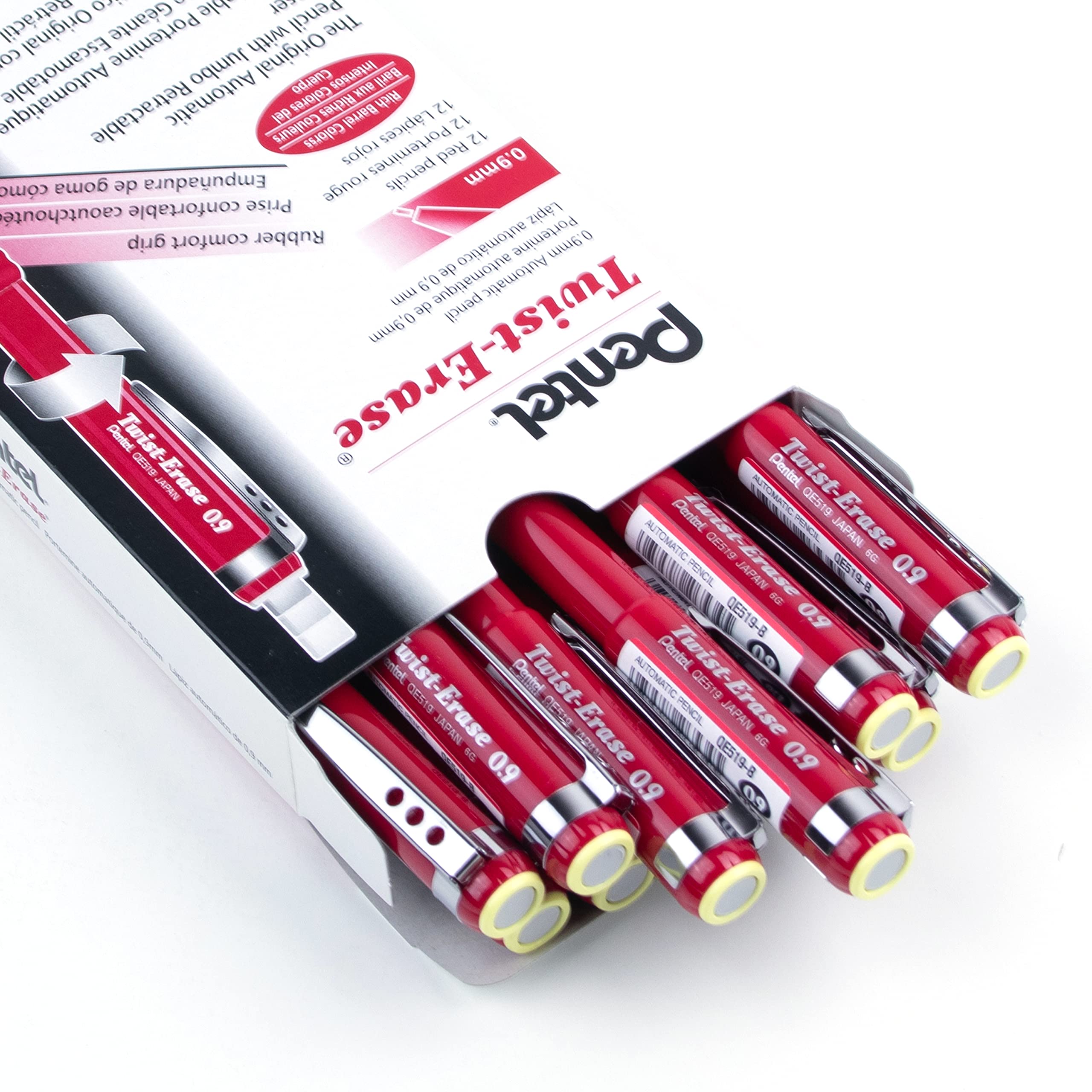Pentel Twist-Erase III - Set 12 Matite Meccaniche 0,9 Mm Con Gomma Twist-Up, Canna Rossa - 2