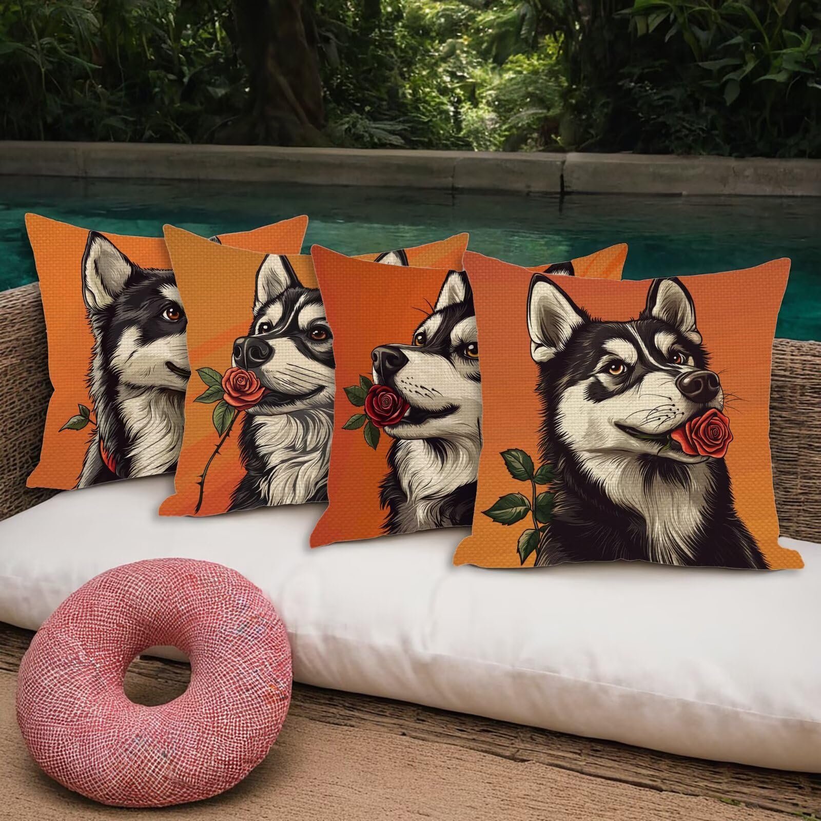 Juego de 4 Funda de Cojín Exterior Impermeable, 55x55 cm Fundas Cojínes Perro de Lino, Exterior Impermeable Lino Cojín Rosa Decorativo, Fundas de Almohada para Patio Balcón Jardín Sofá Oficina O-49