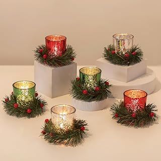 Romadedi Votive Candle Holder Christmas Decor - Set of 6 Mercury Glass Tealight Holders with Wreath Ring for Tea Light Coffee Dining Table Centerpiece Indoor Decoration Home Party